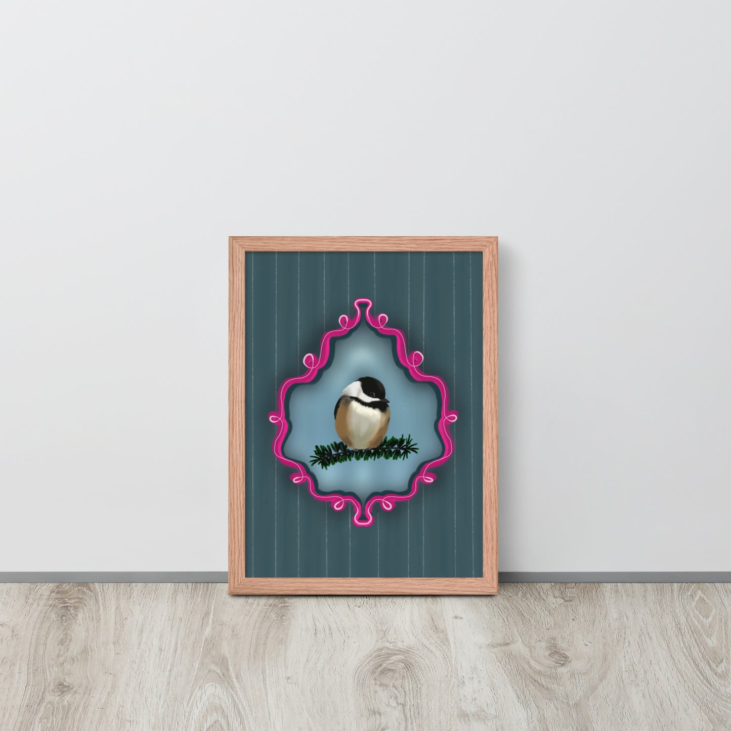 Chickadee on Pine Branch Wall Art | Whimsical Bird Print | Dark Blue Pinstripe