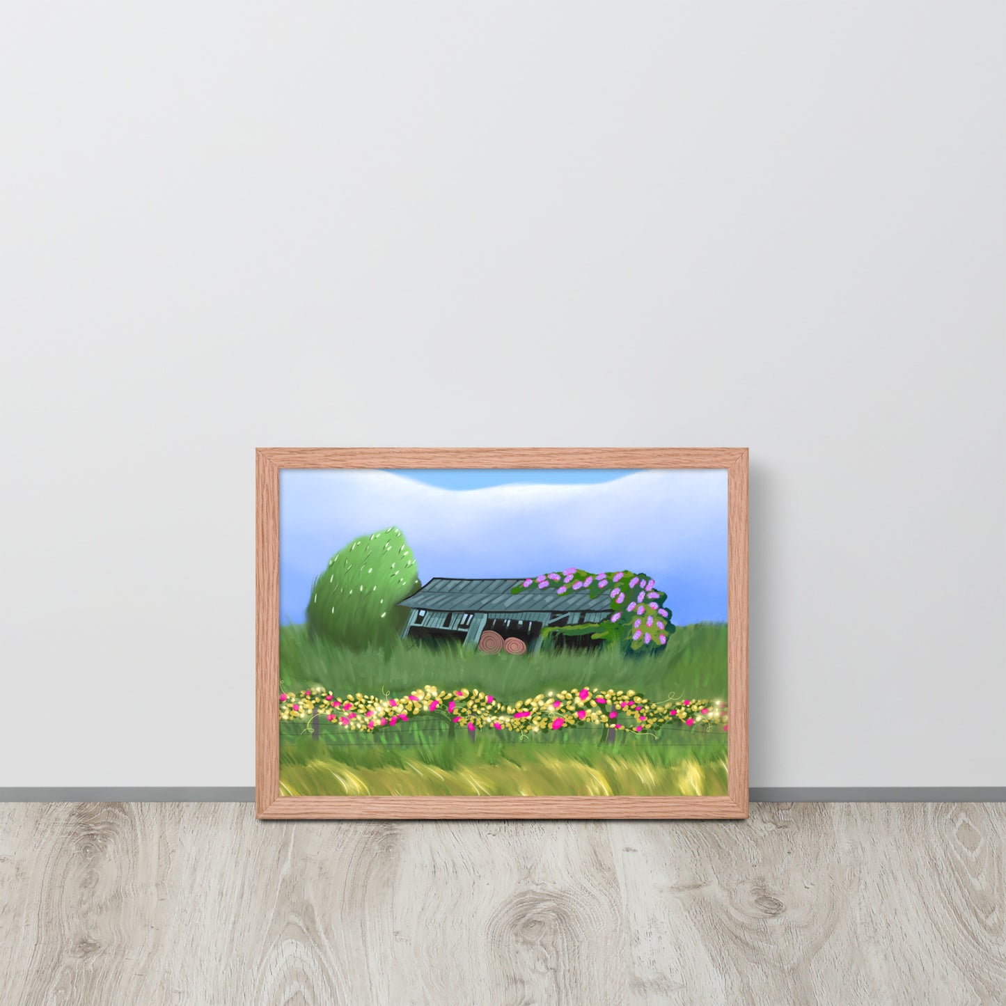 Countryside Barn & Lilac Florals Wall Art Print | Rustic Landscape Poster