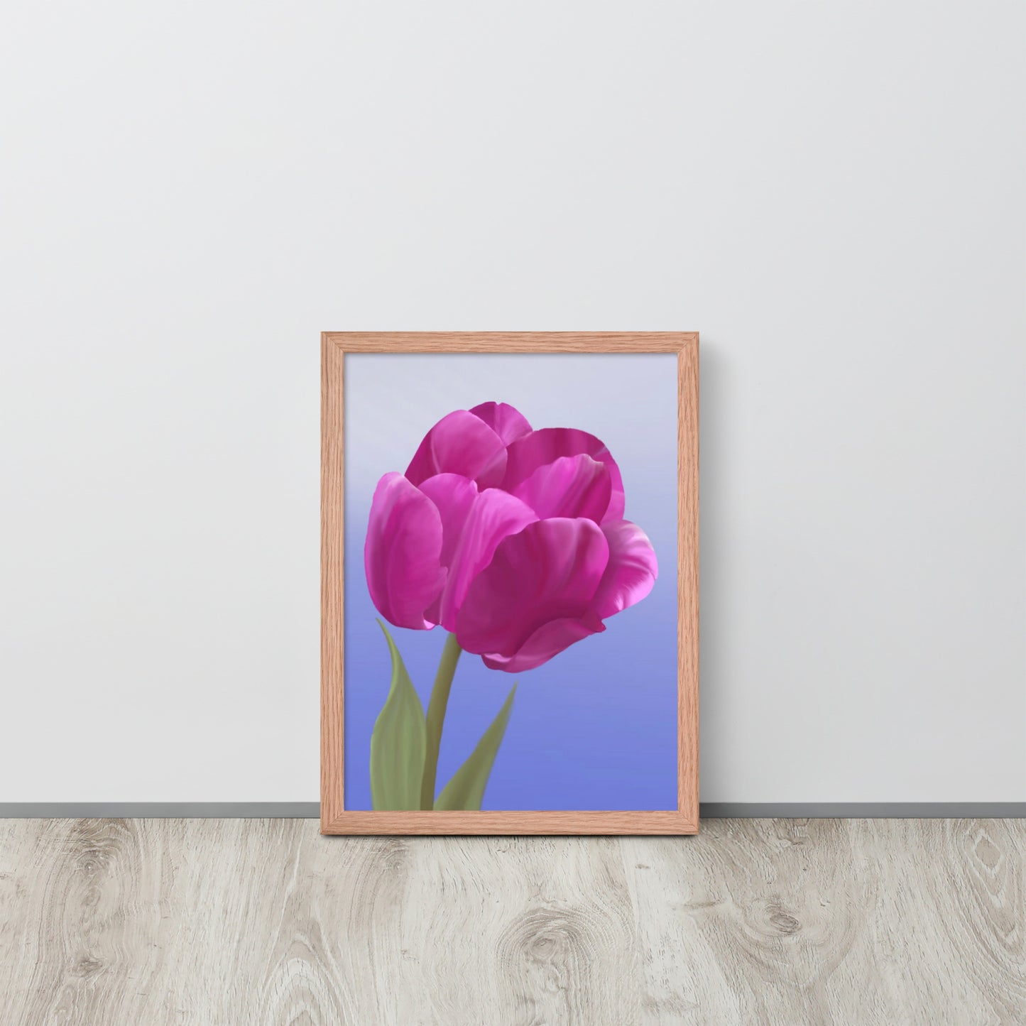 Fuchsia Tulip Wall Art | Hand-Painted Botanical Print on Blue