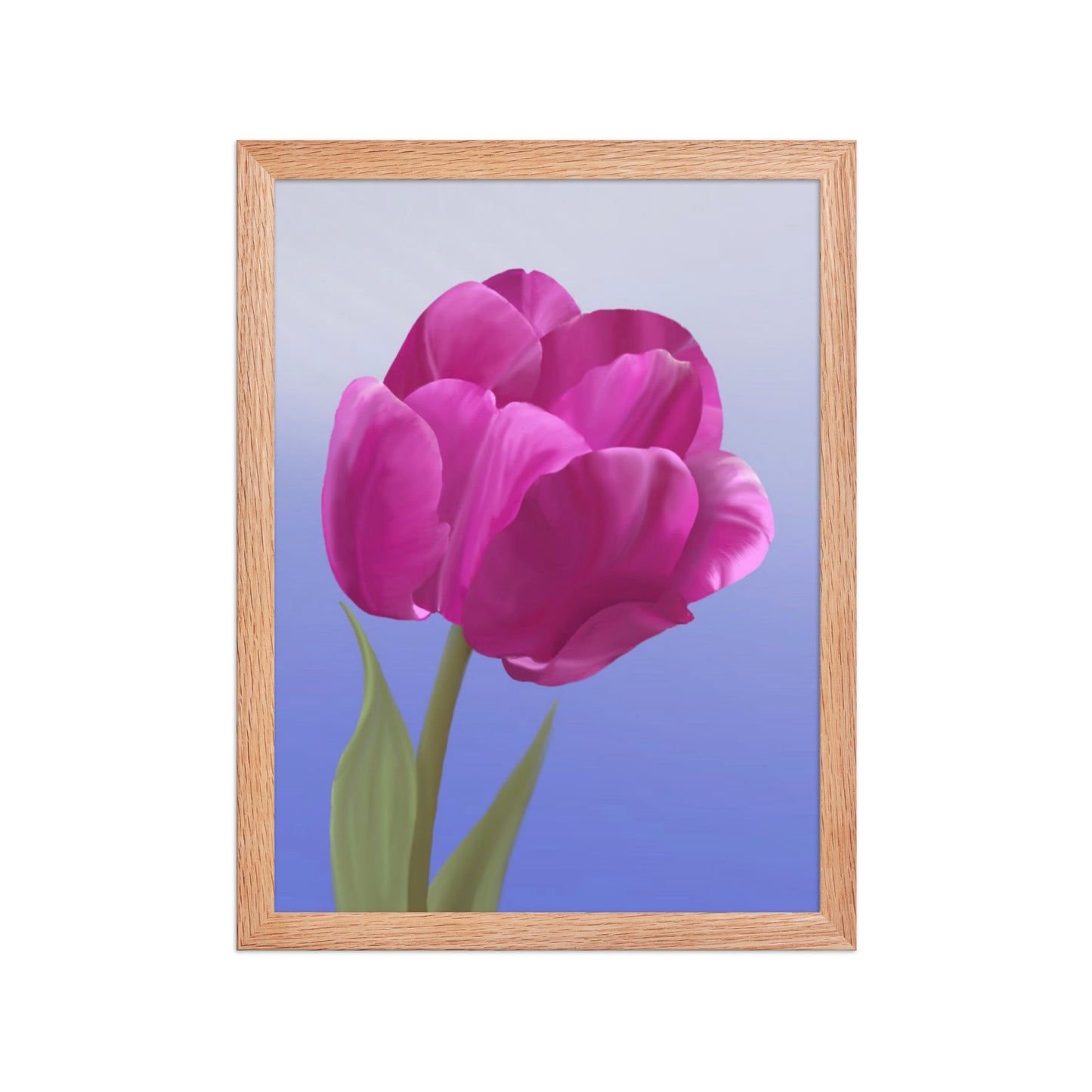 Fuchsia Tulip Wall Art | Hand-Painted Botanical Print on Blue