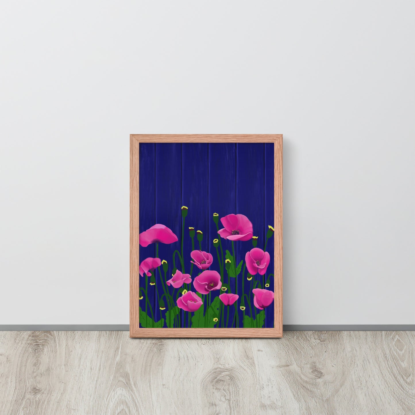Pink Poppy Garden Wall Art | Framed Prints & Posters | Blue Fence Floral Decor