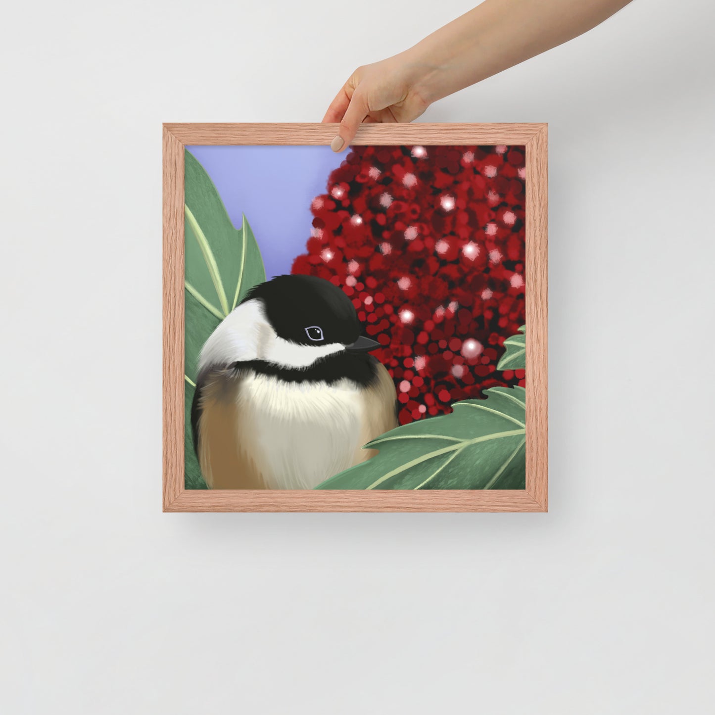 Chickadee & Sumac Tree Wall Art | Hand-Painted Bird Print | Nature Home Décor
