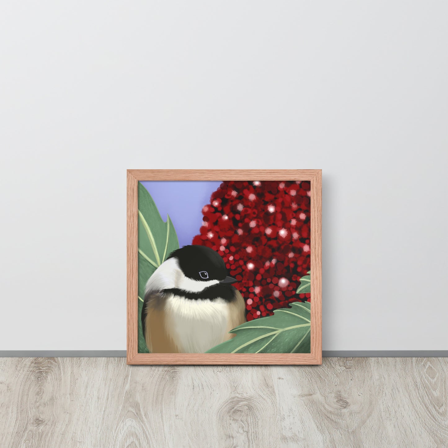 Chickadee & Sumac Tree Wall Art | Hand-Painted Bird Print | Nature Home Décor
