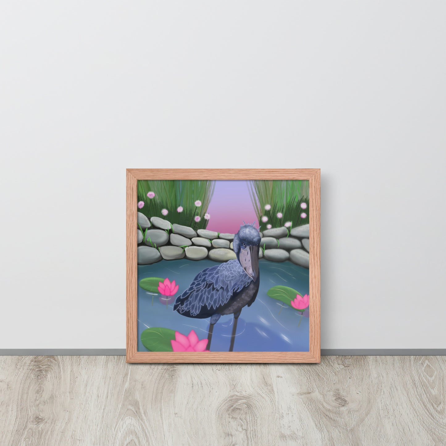 Shoebill Stork Wall Art | Hand-Painted Bird in Lotus Pond