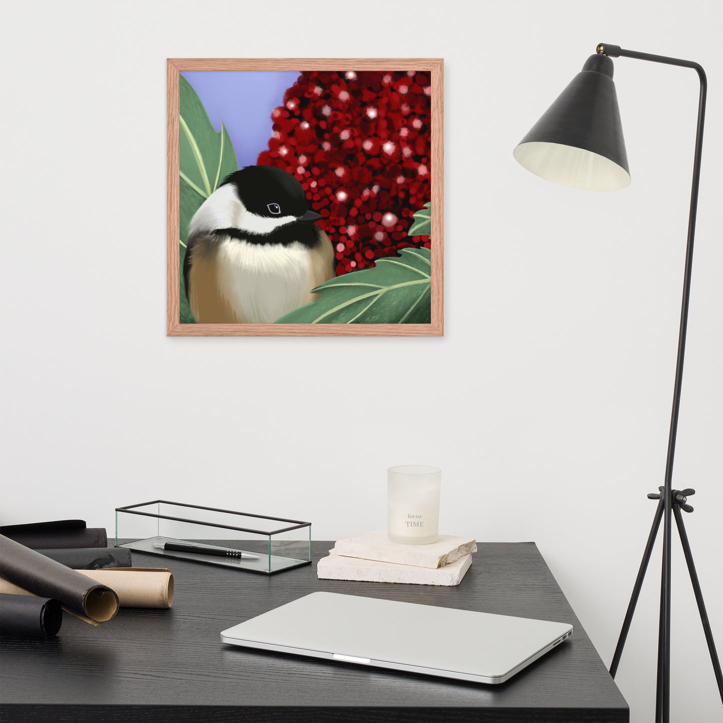 Chickadee & Sumac Tree Wall Art | Hand-Painted Bird Print | Nature Home Décor