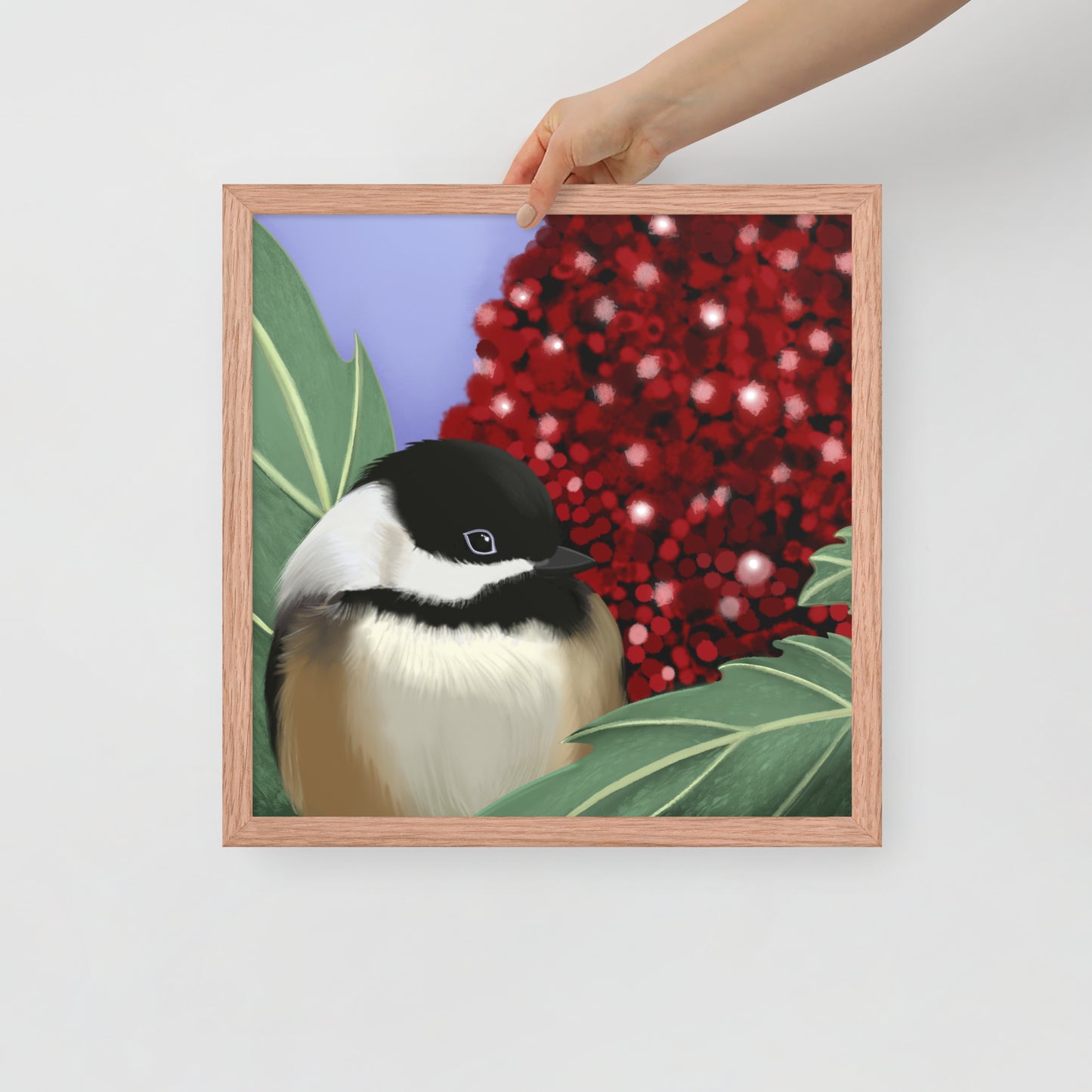Chickadee & Sumac Tree Wall Art | Hand-Painted Bird Print | Nature Home Décor