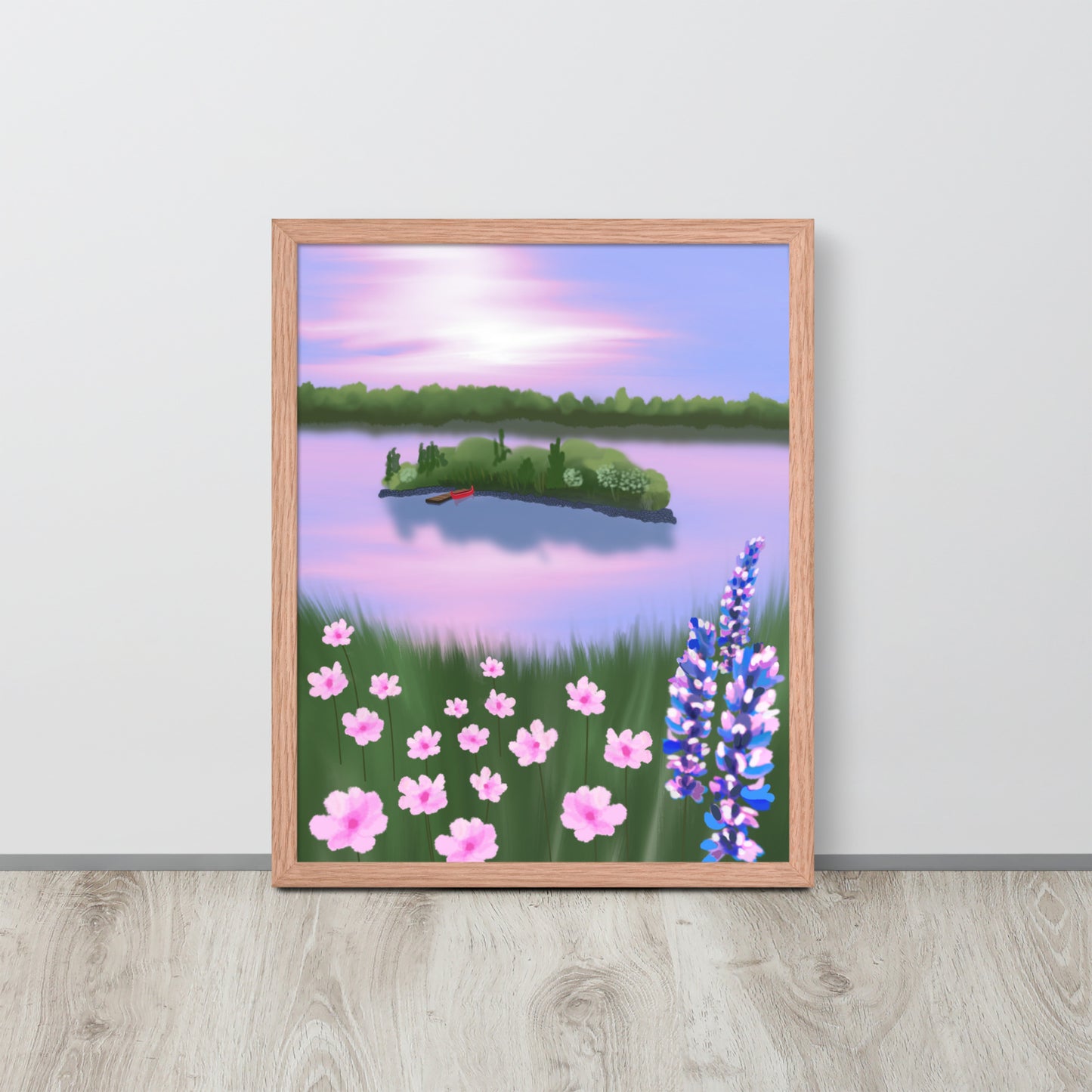 Red Canoe at Sunset – Lake Landscape Wall Art Print