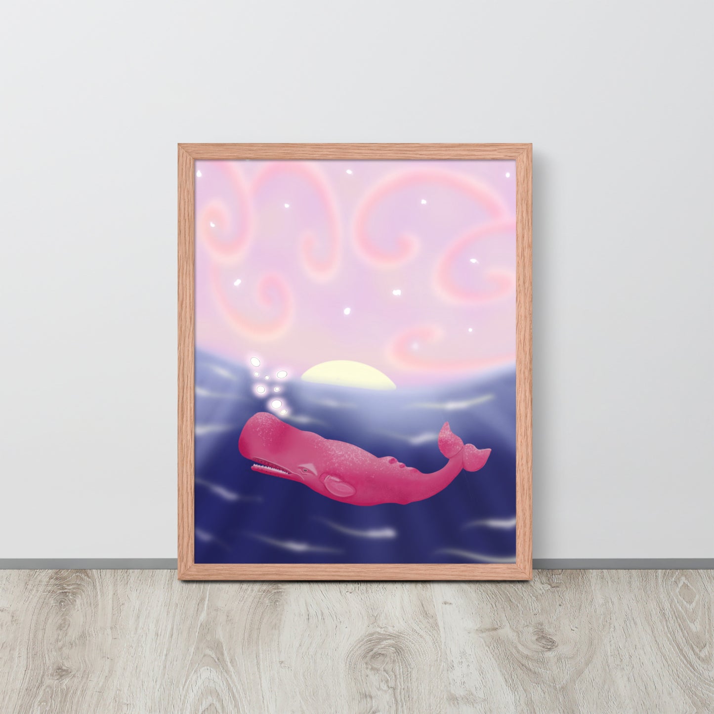 Pink Whale at Sunset Wall Art | Hand-Painted Ocean Print – Framed or Unframed