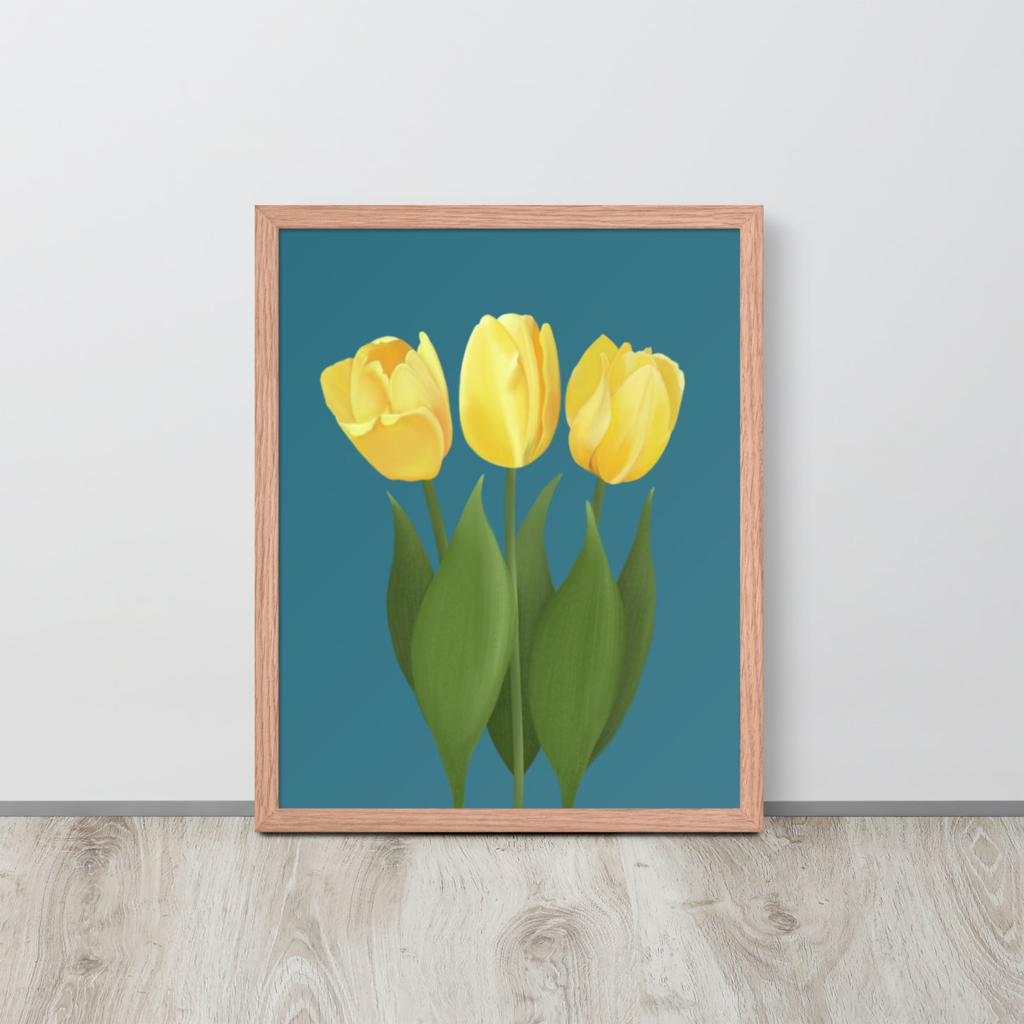 Yellow Tulip Floral Wall Art Print | Hand-Painted Botanical Decor on Teal
