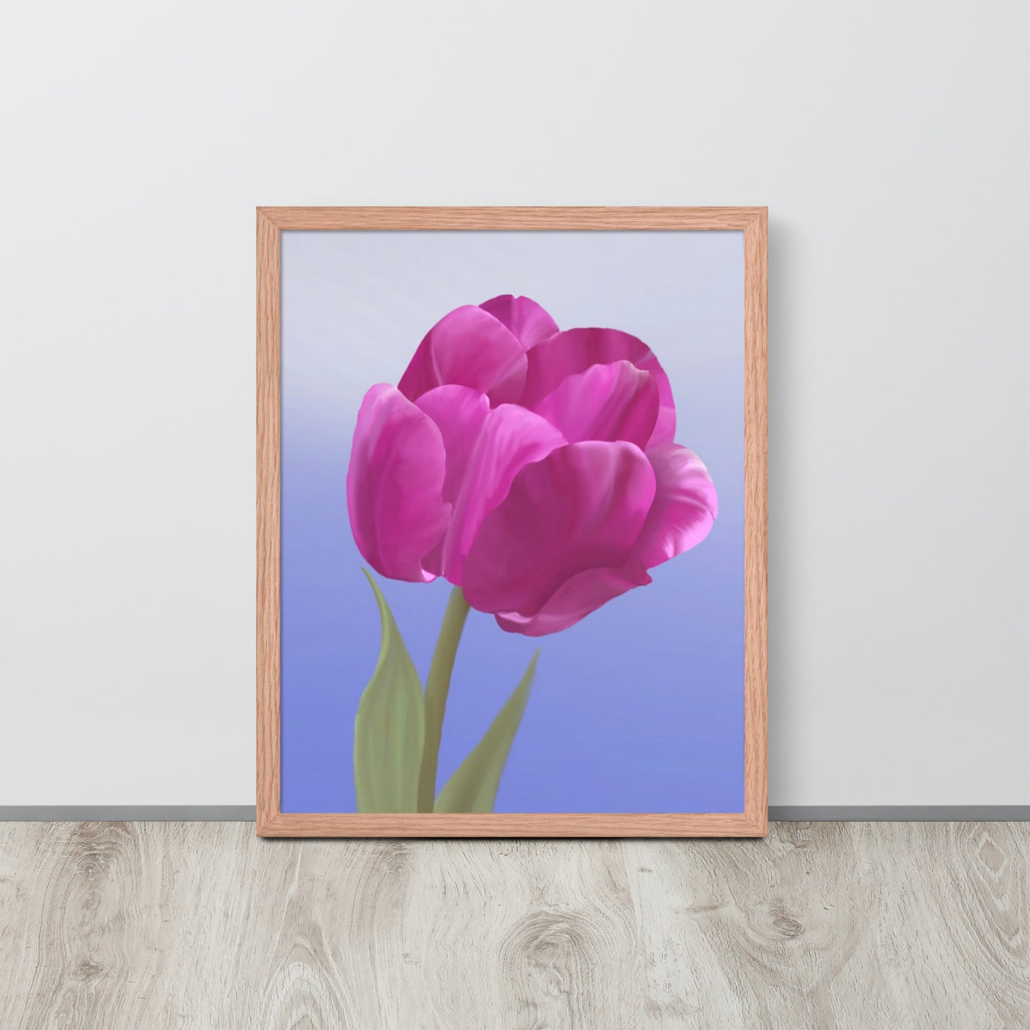 Fuchsia Tulip Wall Art | Hand-Painted Botanical Print on Blue