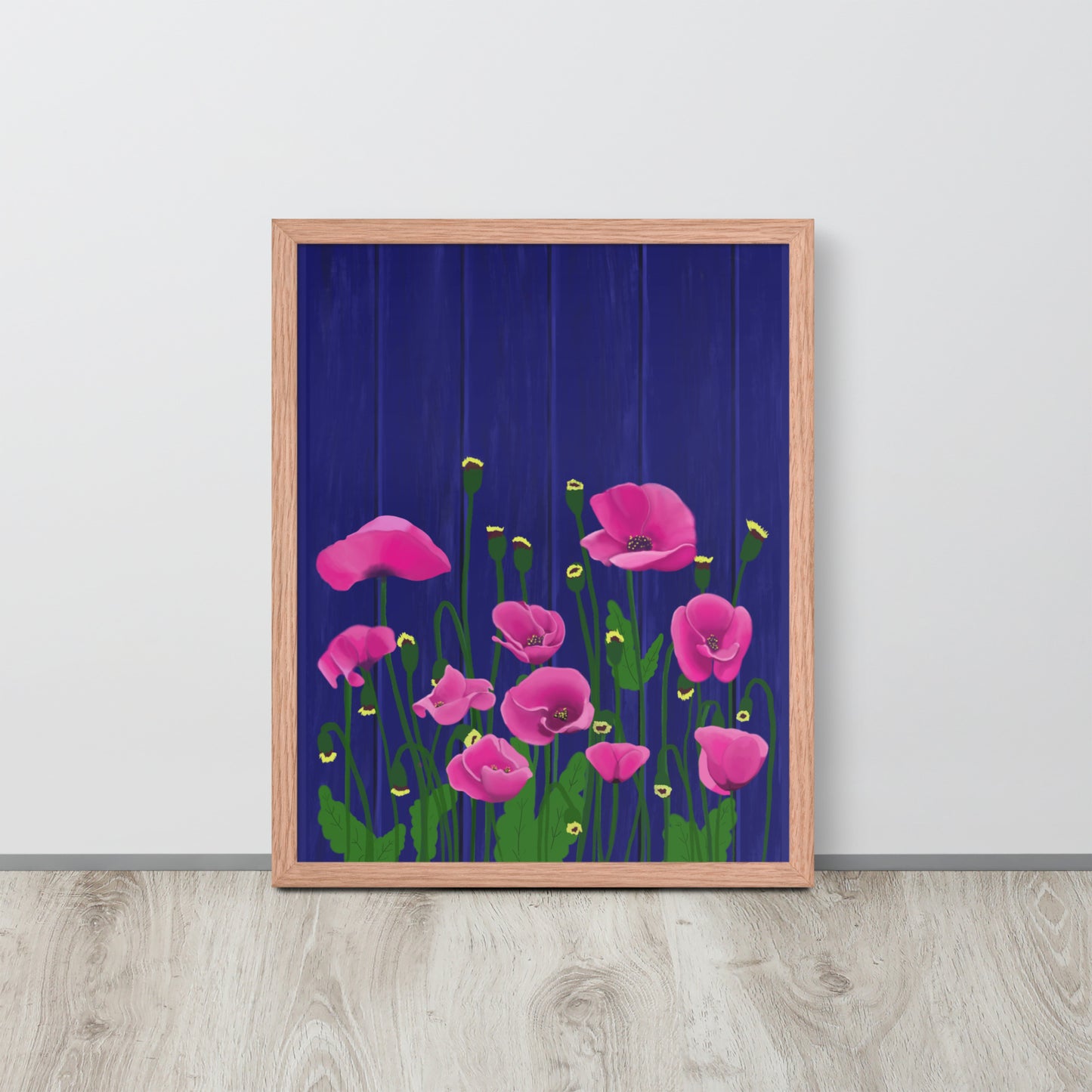 Pink Poppy Garden Wall Art | Framed Prints & Posters | Blue Fence Floral Decor
