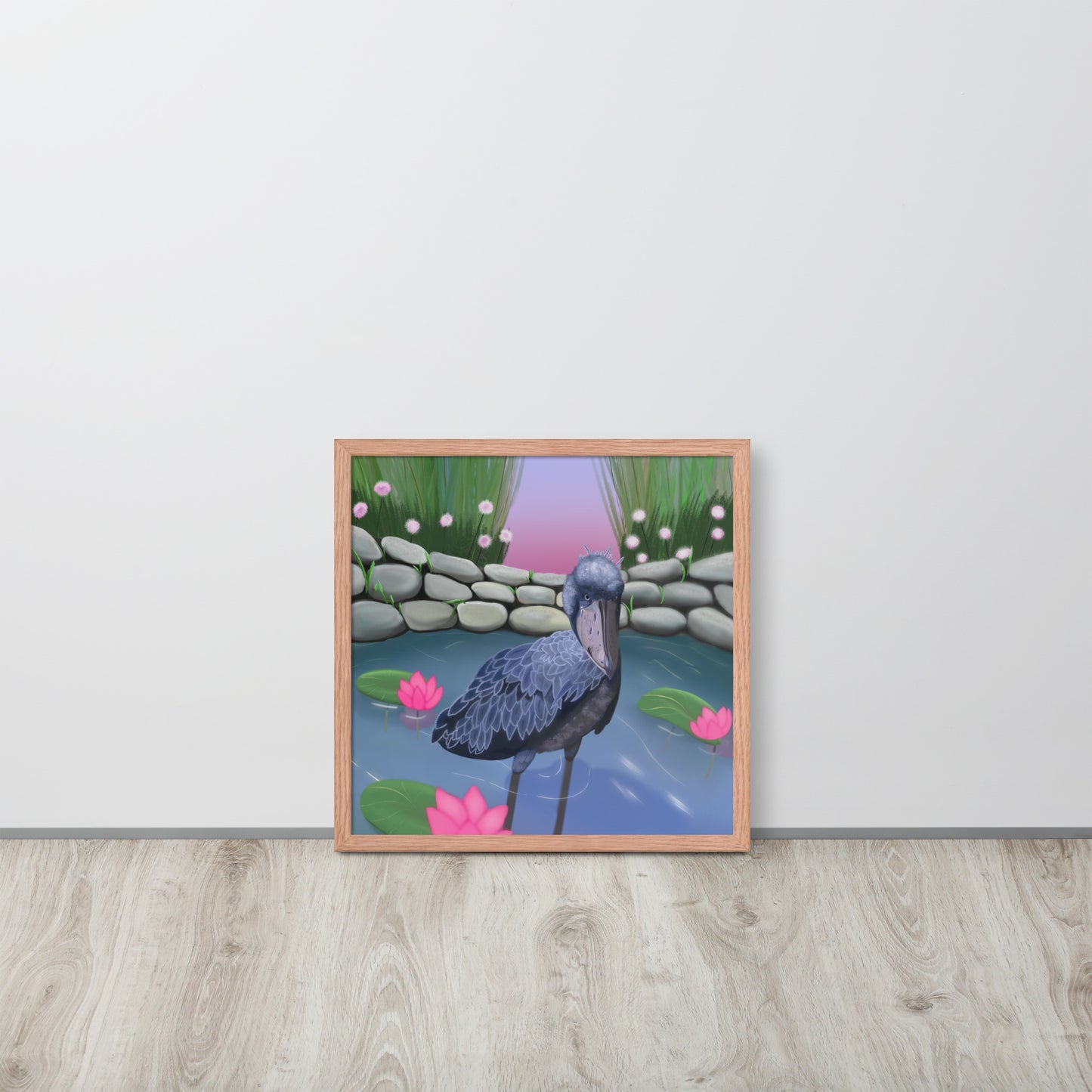 Shoebill Stork Wall Art | Hand-Painted Bird in Lotus Pond