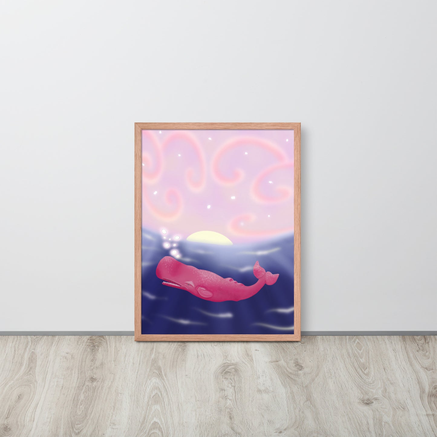Pink Whale at Sunset Wall Art | Hand-Painted Ocean Print – Framed or Unframed