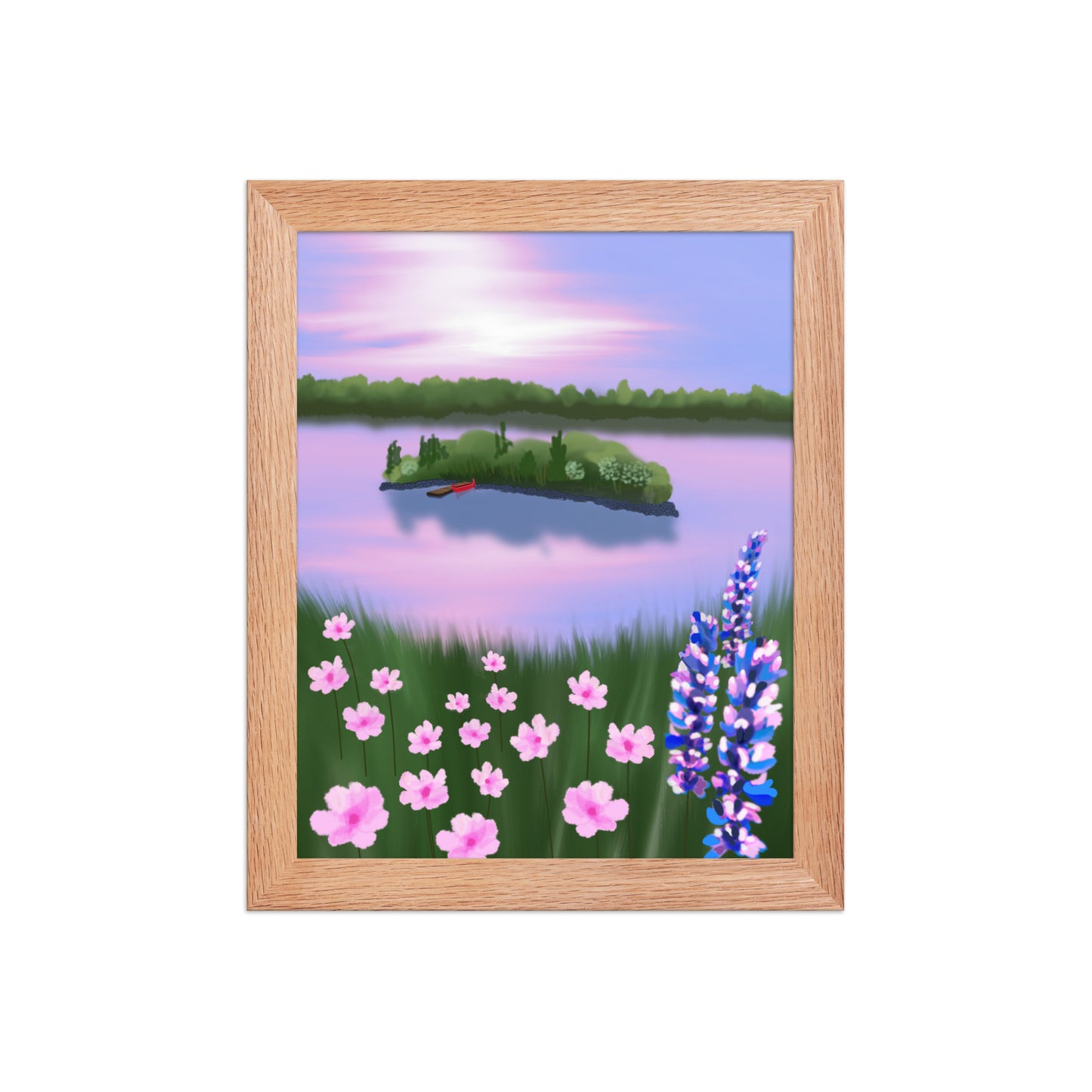 Red Canoe at Sunset – Lake Landscape Wall Art Print