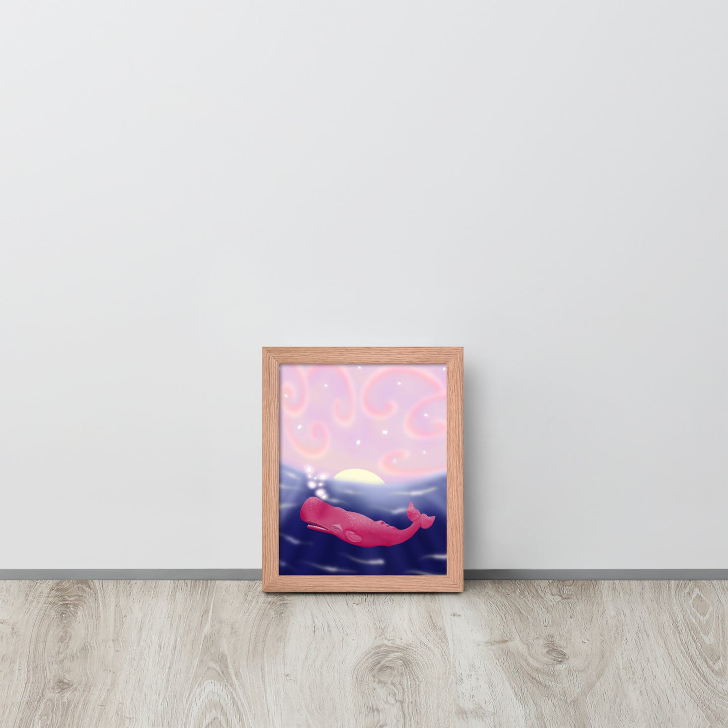Pink Whale at Sunset Wall Art | Hand-Painted Ocean Print – Framed or Unframed