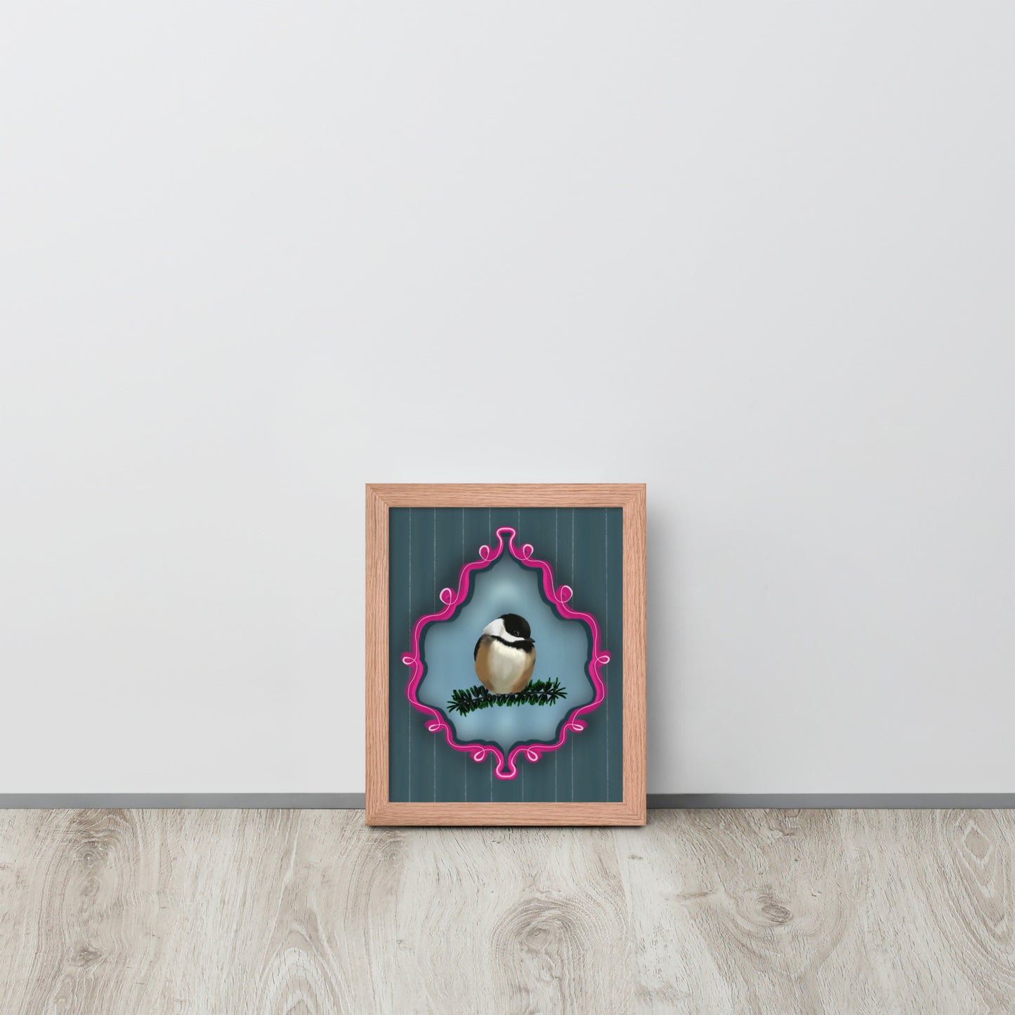 Chickadee on Pine Branch Wall Art | Whimsical Bird Print | Dark Blue Pinstripe