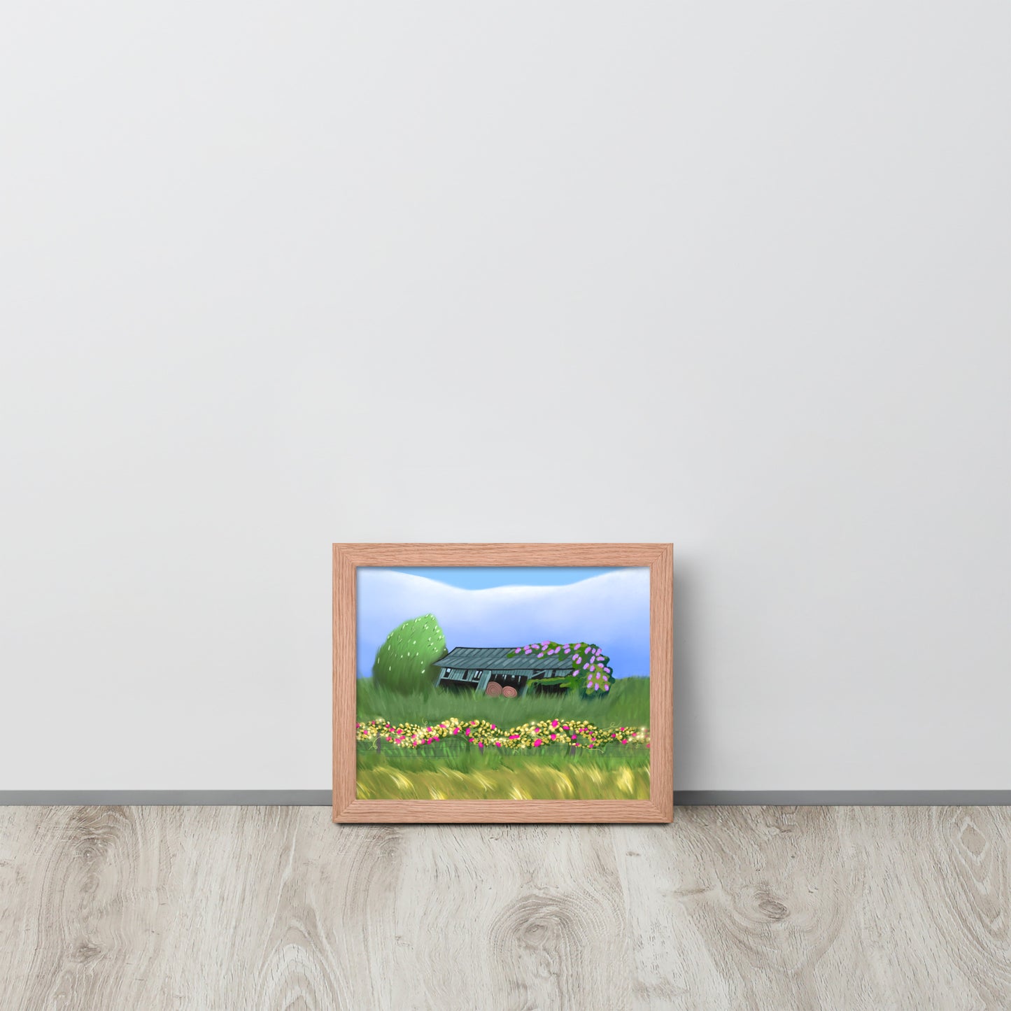 Countryside Barn & Lilac Florals Wall Art Print | Rustic Landscape Poster