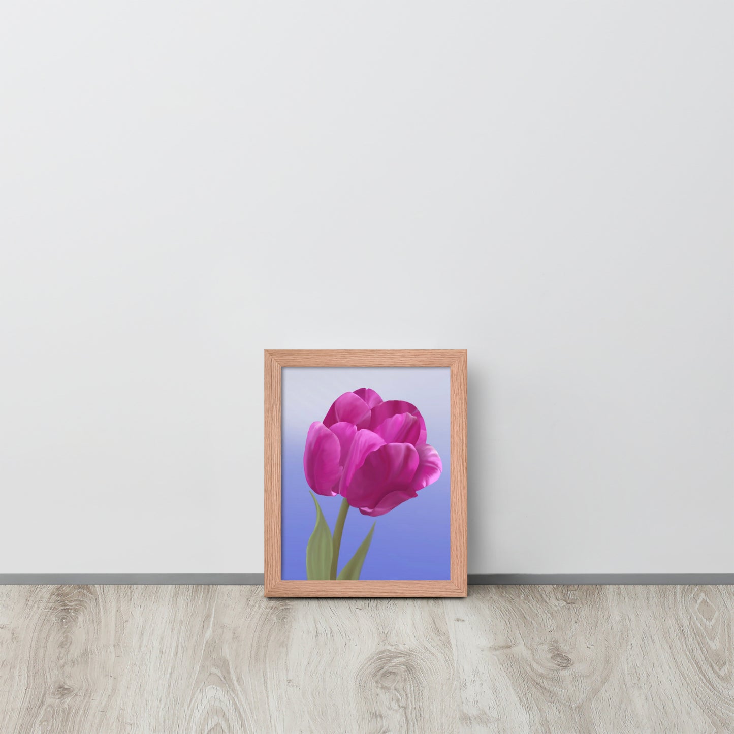 Fuchsia Tulip Wall Art | Hand-Painted Botanical Print on Blue