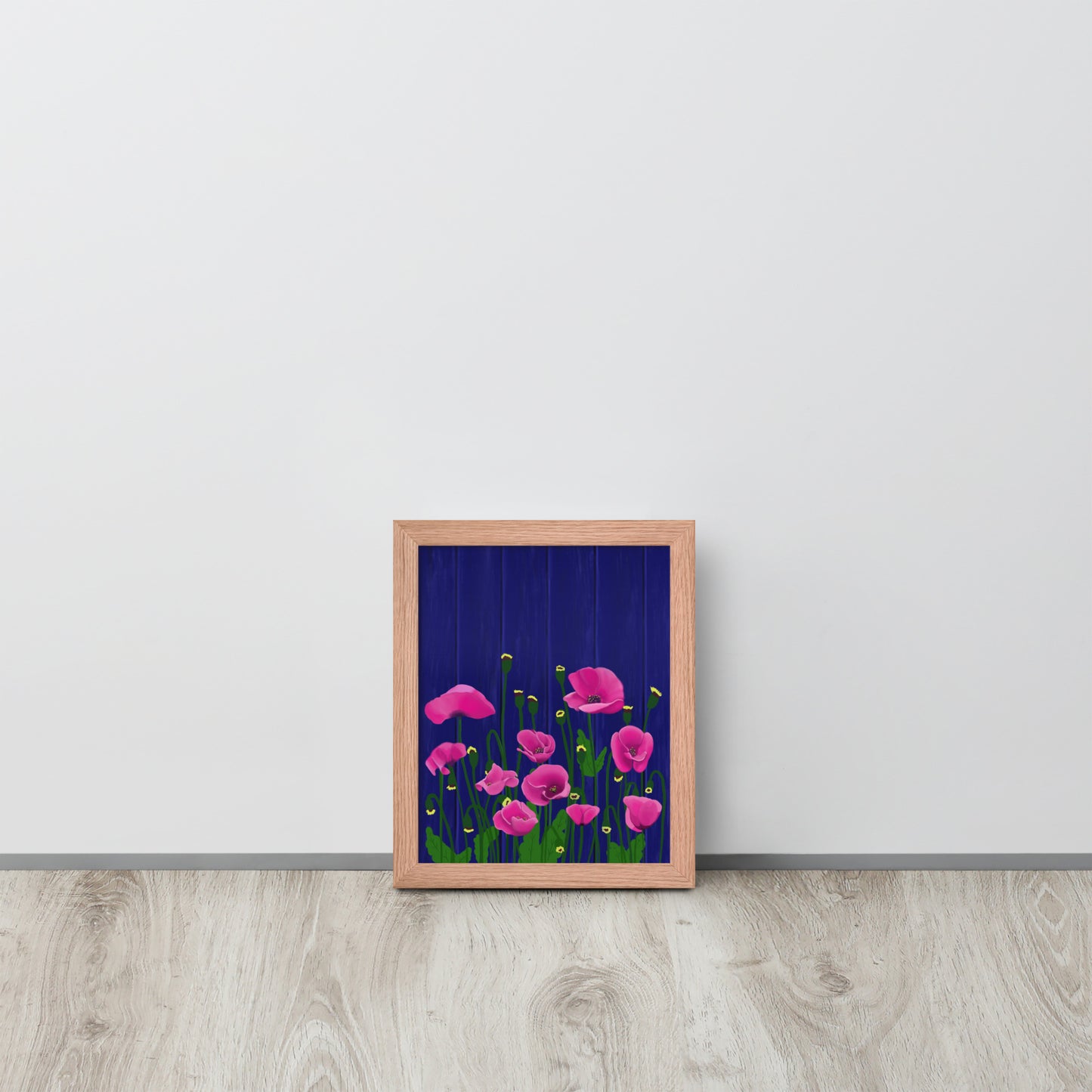 Pink Poppy Garden Wall Art | Framed Prints & Posters | Blue Fence Floral Decor