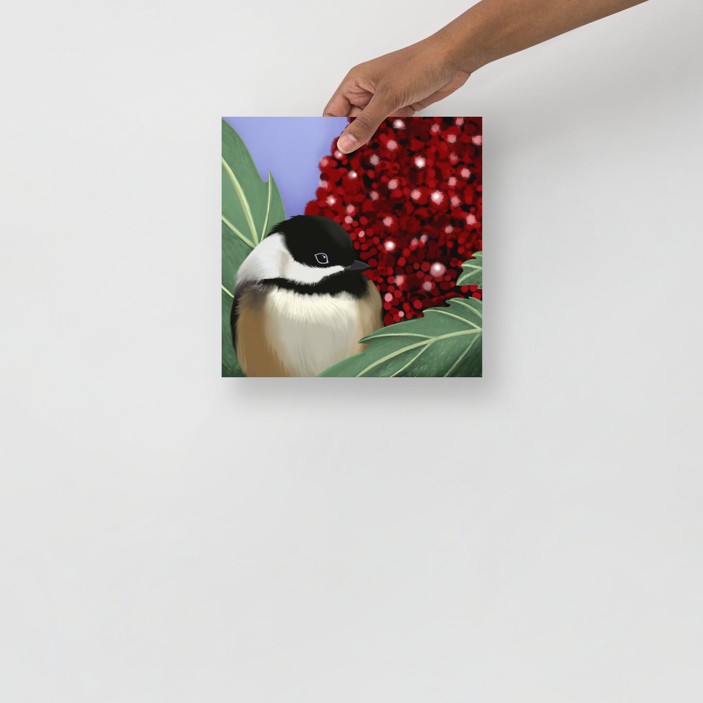 Chickadee & Sumac Tree Wall Art | Hand-Painted Bird Print | Nature Home Décor