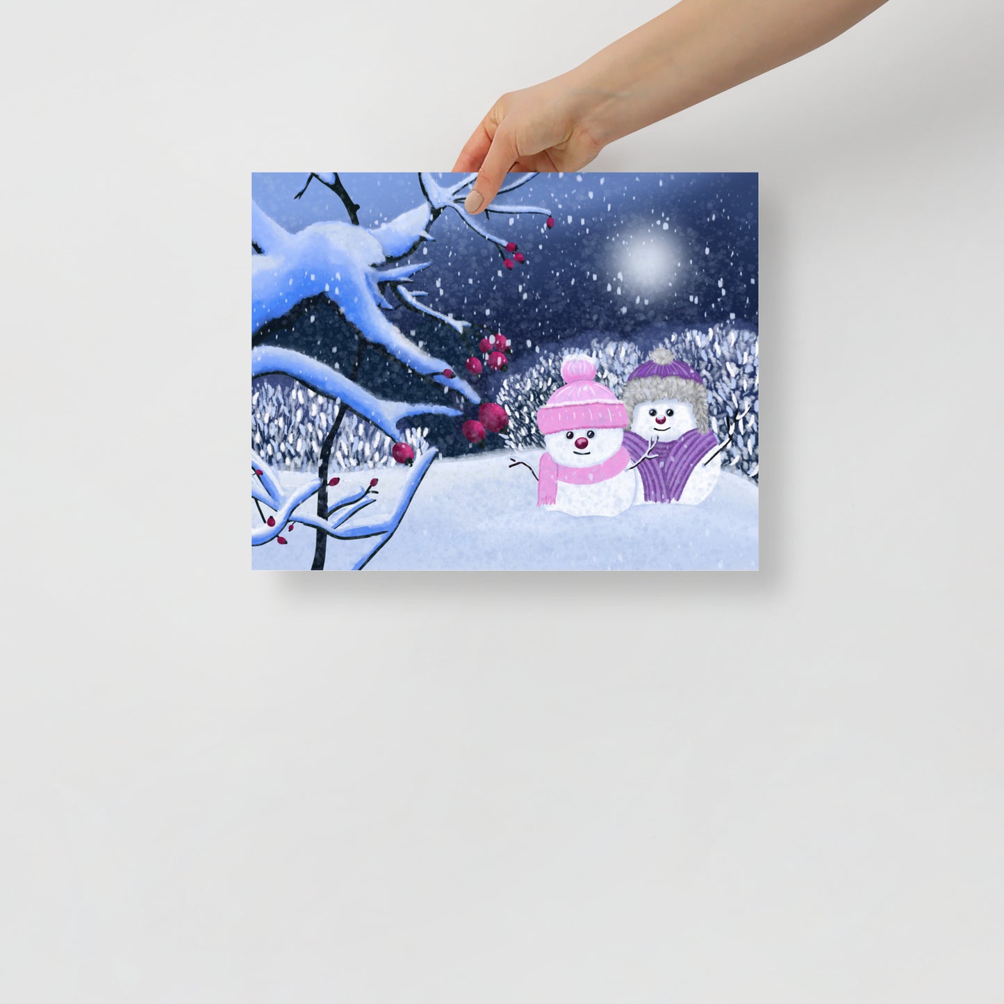 Snowman Winter Night Art Print: Whimsical Holiday Decor