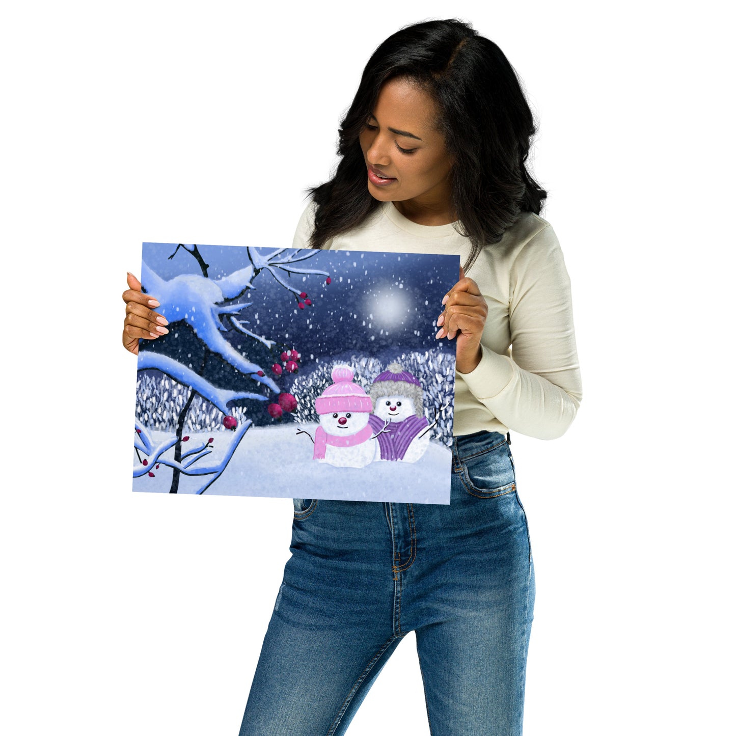 Snowman Winter Night Art Print: Whimsical Holiday Decor