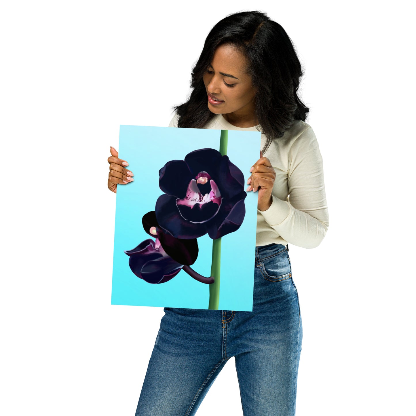 Black Orchid Wall Art | Hand-Painted Floral Print – Framed or Unframed