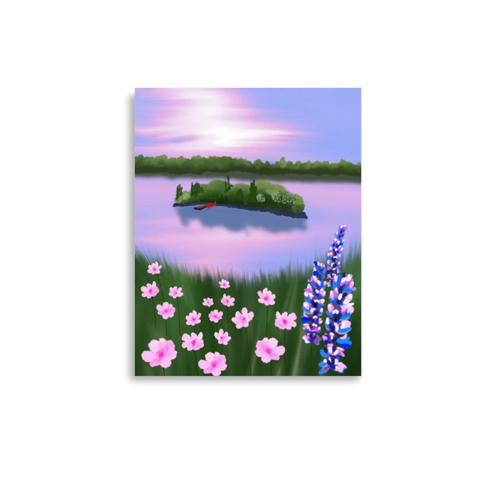 Red Canoe at Sunset – Lake Landscape Wall Art Print