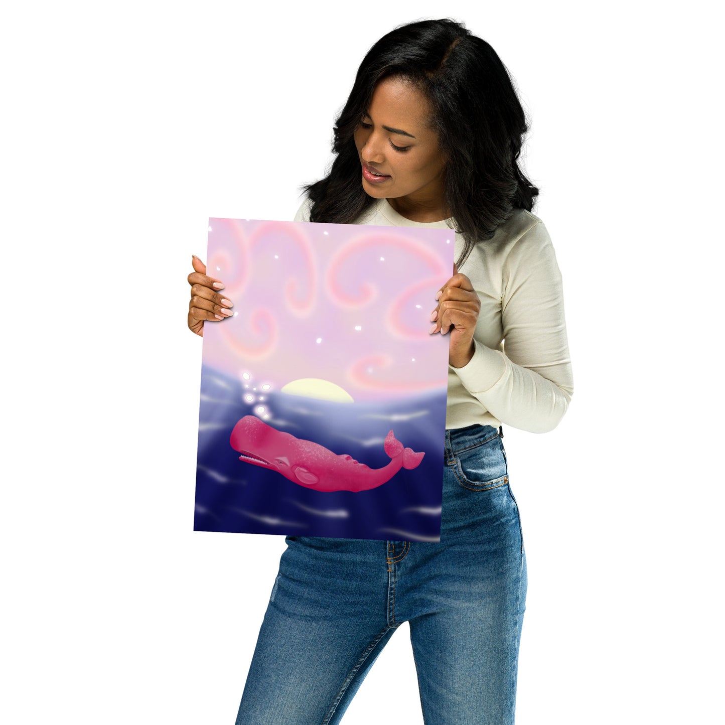 Pink Whale at Sunset Wall Art | Hand-Painted Ocean Print – Framed or Unframed