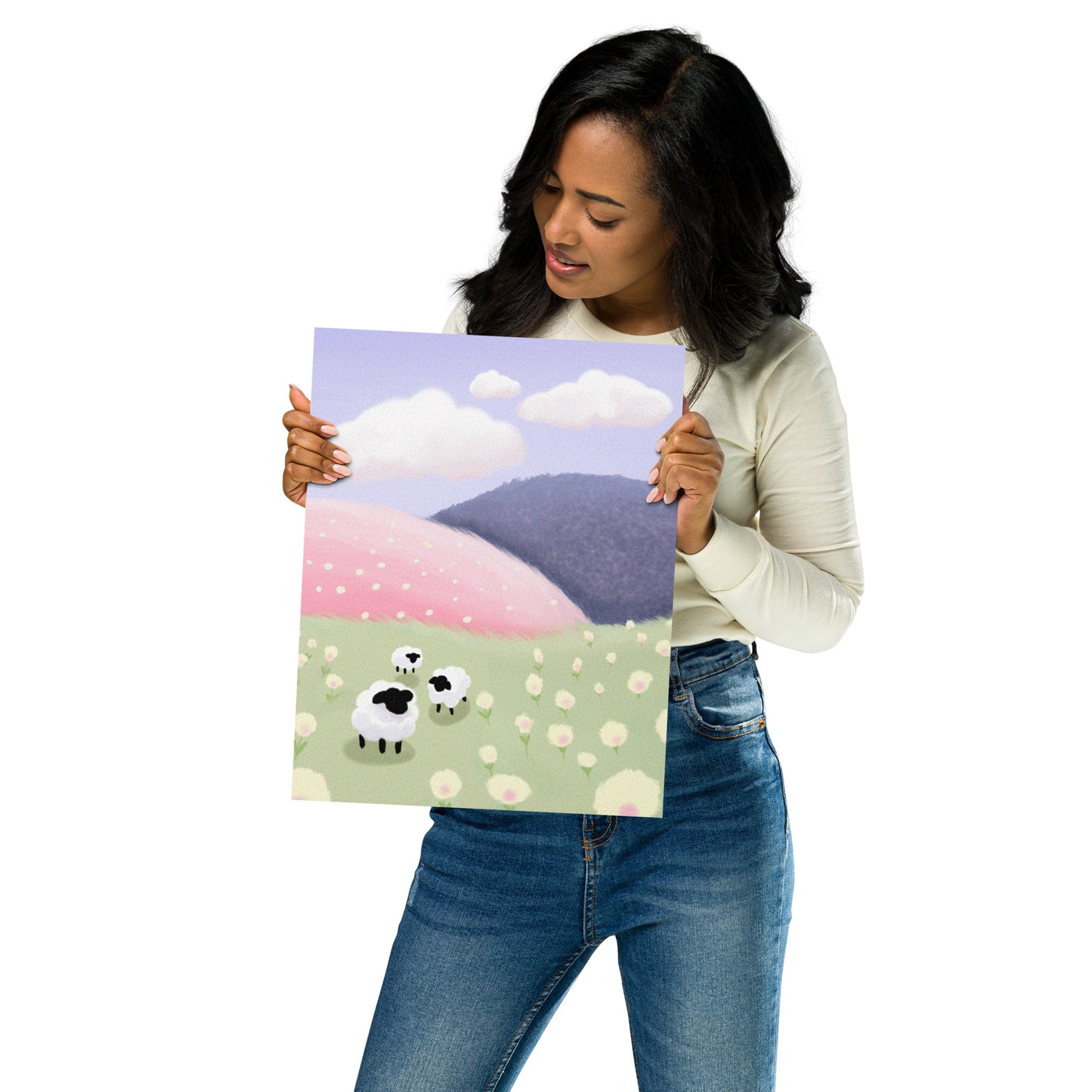 Pastel Sheep Meadow Wall Art – Whimsical Nursery Print | Framed or Unframed