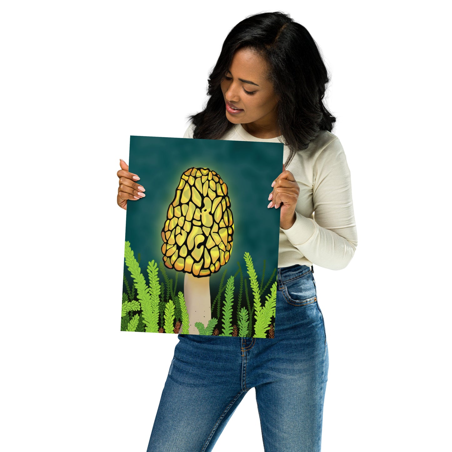 Glowing Morel Mushroom Art Print: Hand-Painted Forest Fungi Illustration