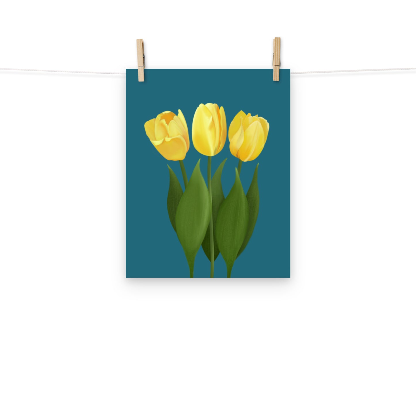 Yellow Tulip Floral Wall Art Print | Hand-Painted Botanical Decor on Teal