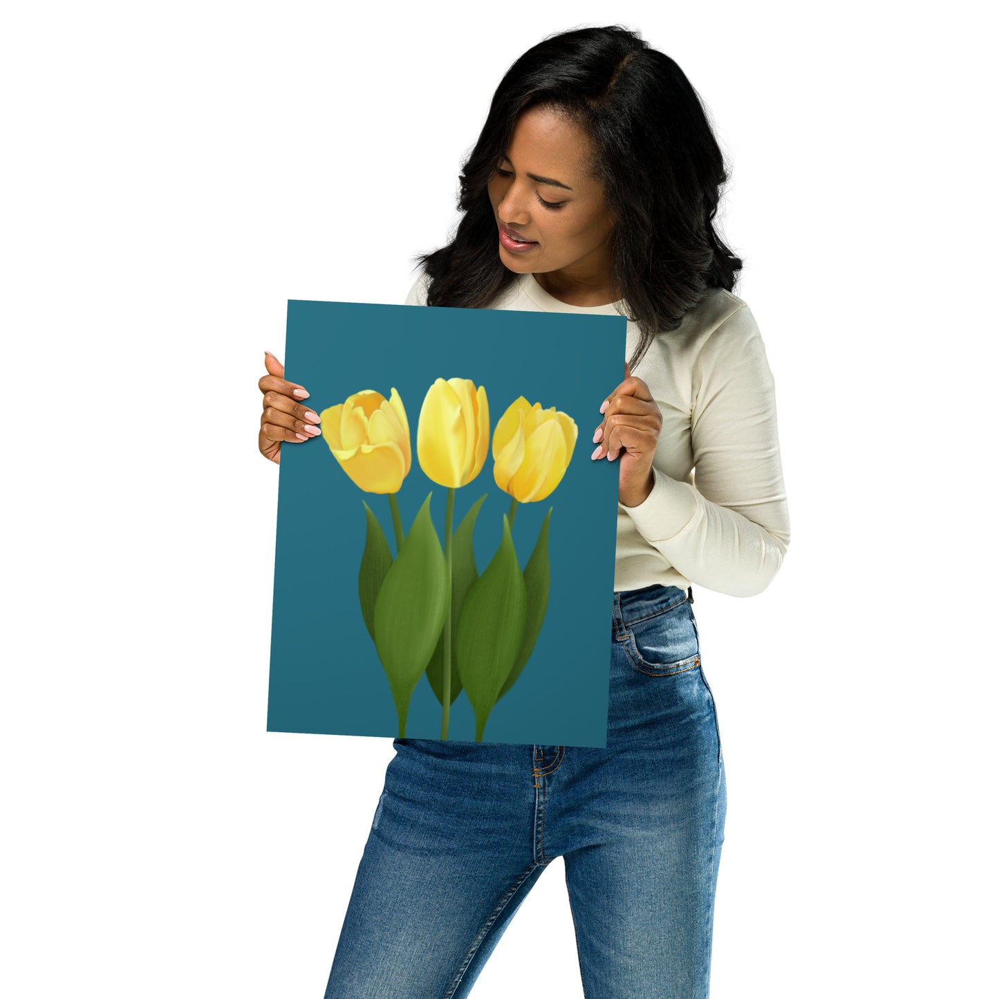Yellow Tulip Floral Wall Art Print | Hand-Painted Botanical Decor on Teal