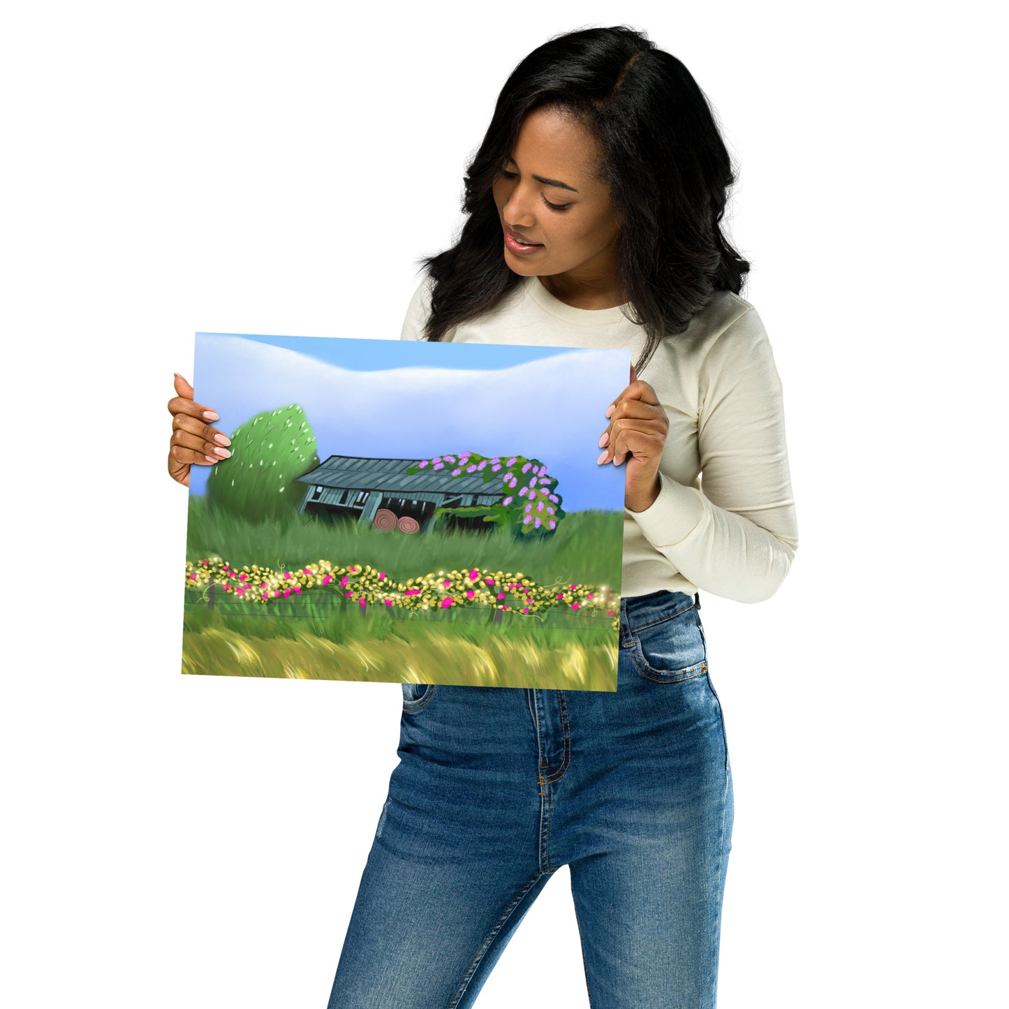 Countryside Barn & Lilac Florals Wall Art Print | Rustic Landscape Poster