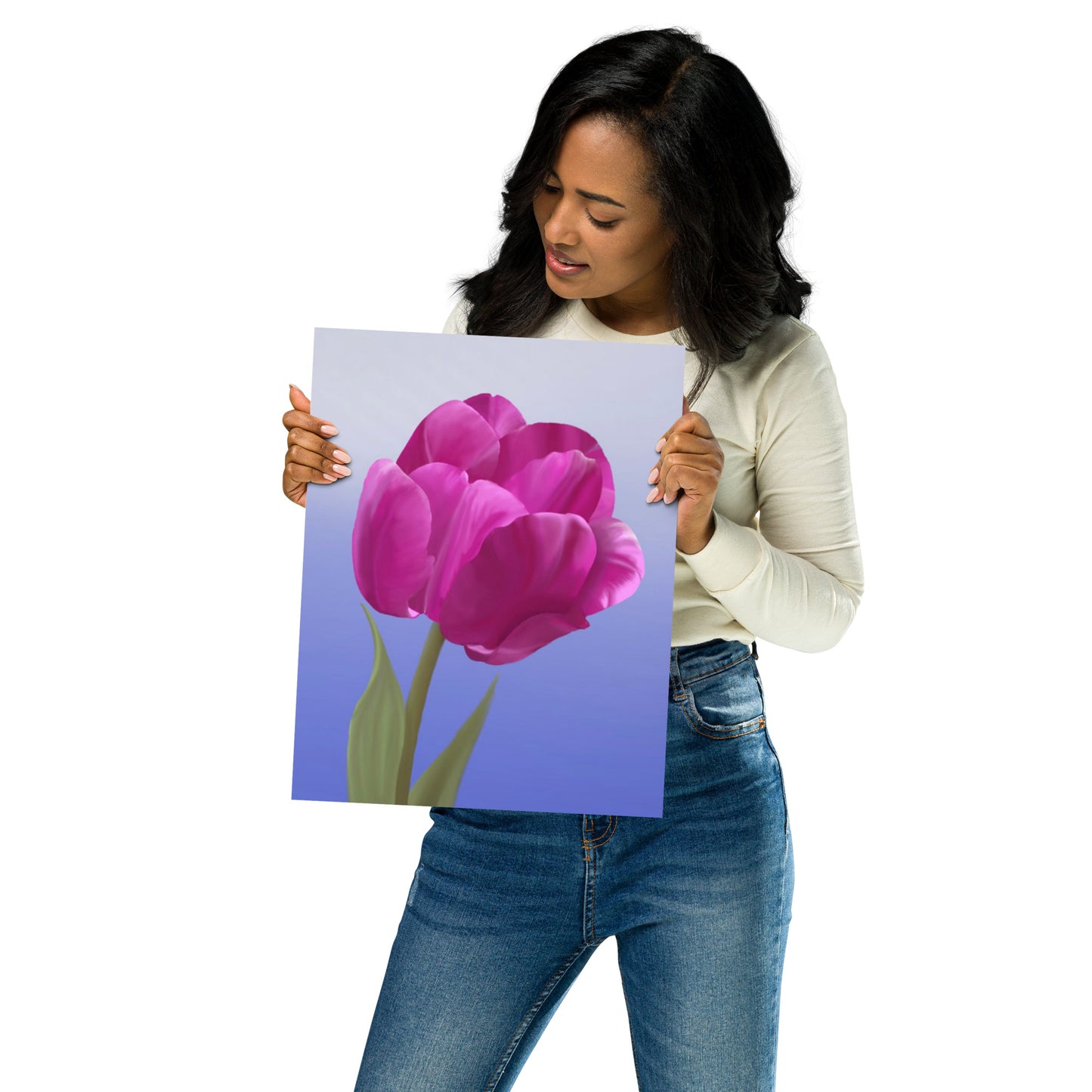 Fuchsia Tulip Wall Art | Hand-Painted Botanical Print on Blue