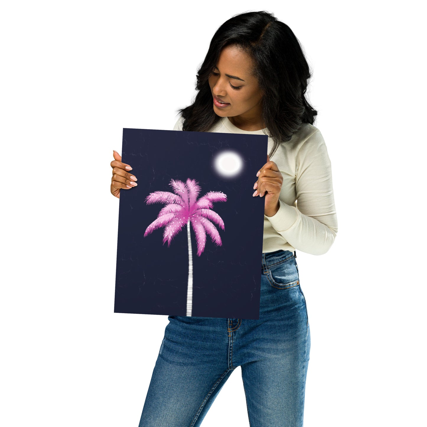Pink Palm Tree Art Print | Tropical Night Wall Art | Coastal Boho Decor