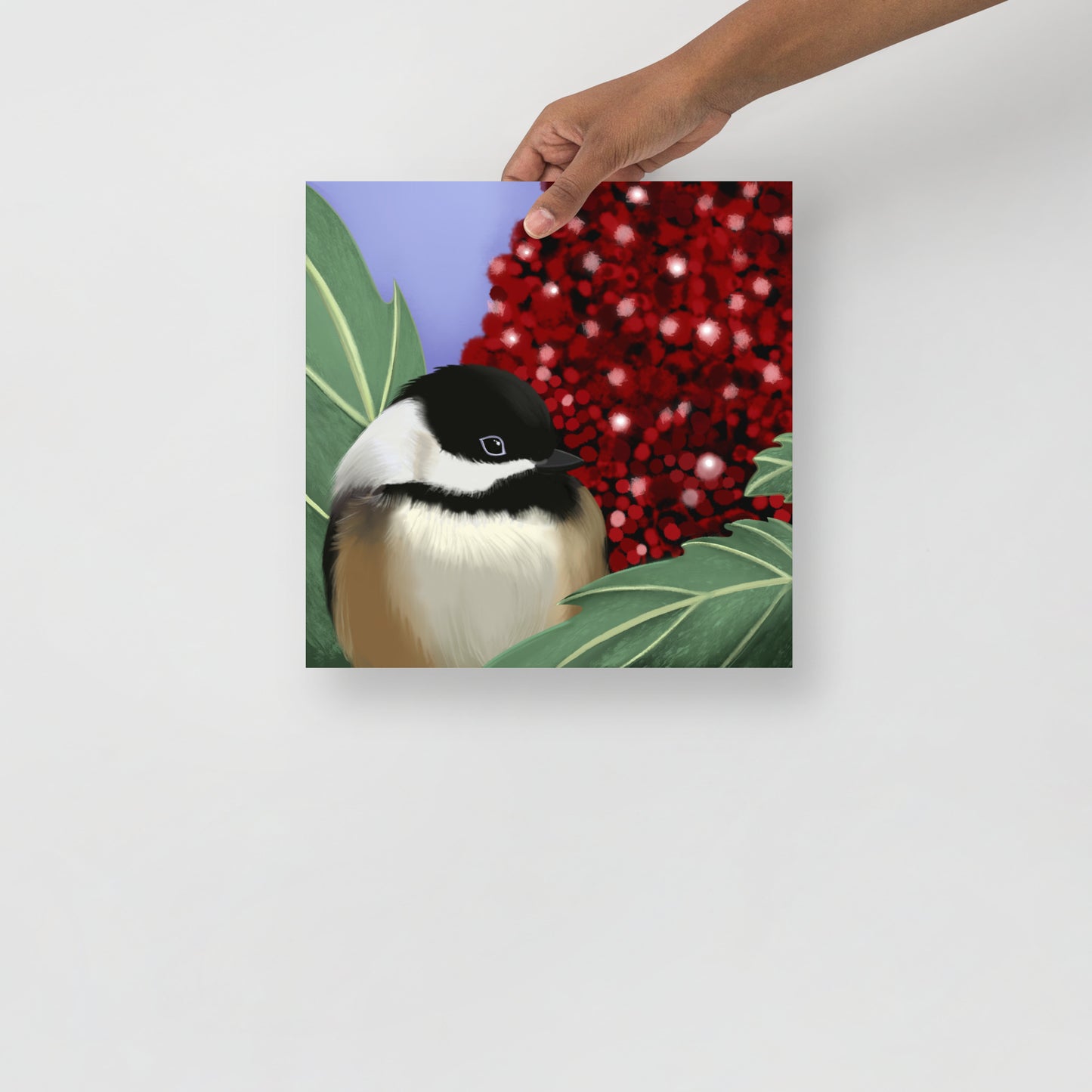 Chickadee & Sumac Tree Wall Art | Hand-Painted Bird Print | Nature Home Décor