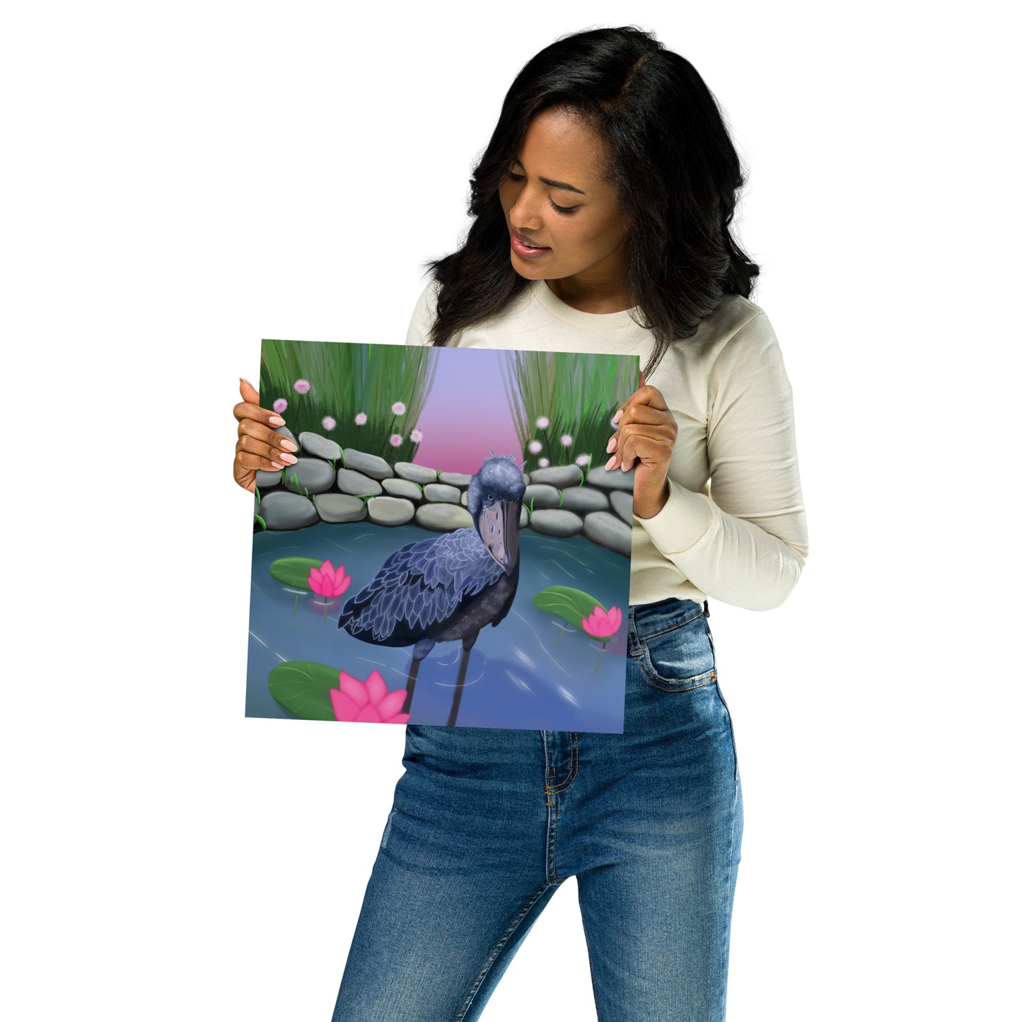 Shoebill Stork Wall Art | Hand-Painted Bird in Lotus Pond