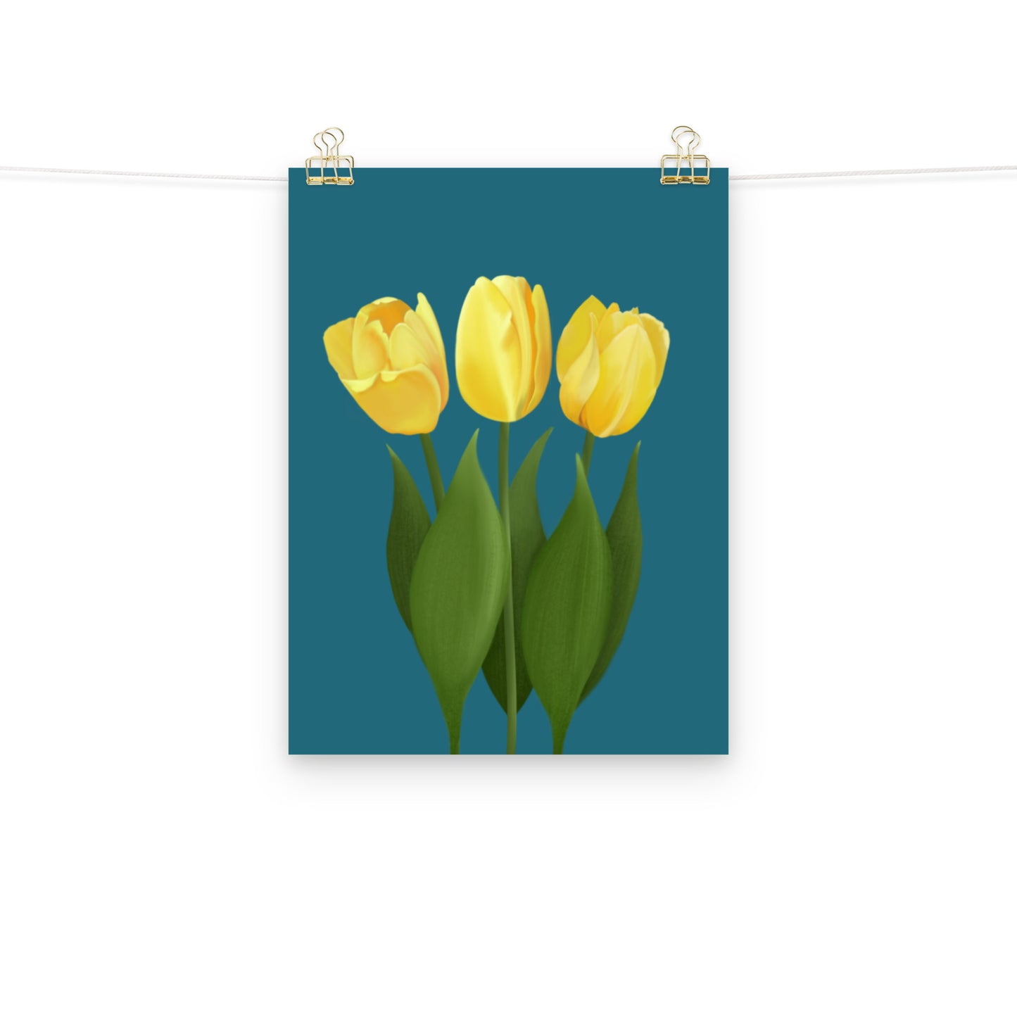 Yellow Tulip Floral Wall Art Print | Hand-Painted Botanical Decor on Teal