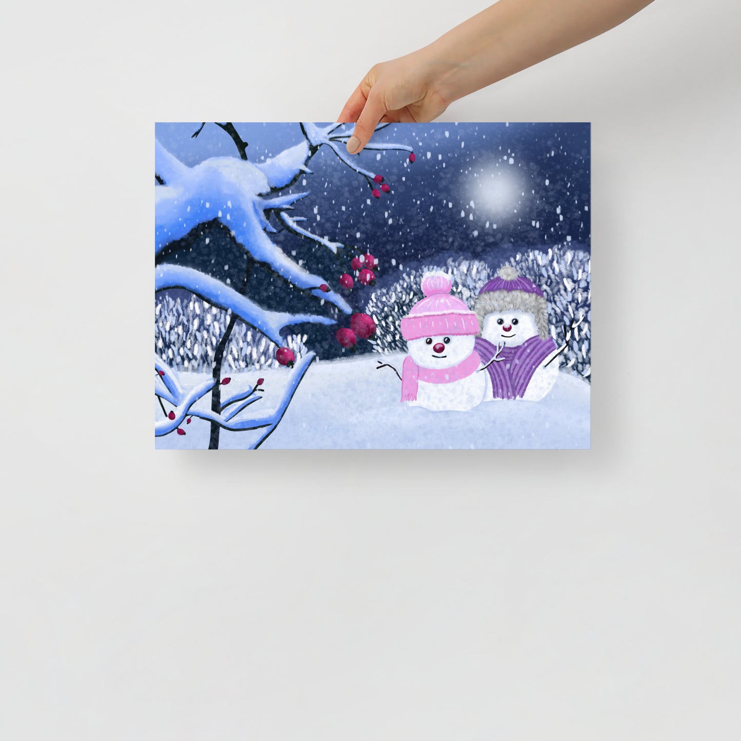 Snowman Winter Night Art Print: Whimsical Holiday Decor