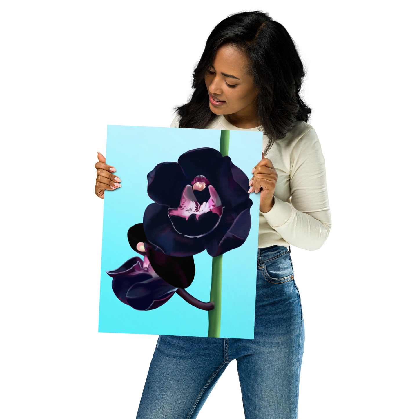Black Orchid Wall Art | Hand-Painted Floral Print – Framed or Unframed