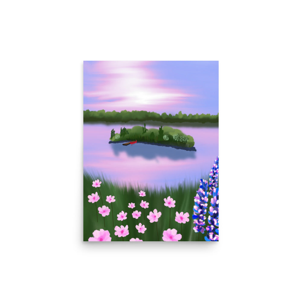 Red Canoe at Sunset – Lake Landscape Wall Art Print