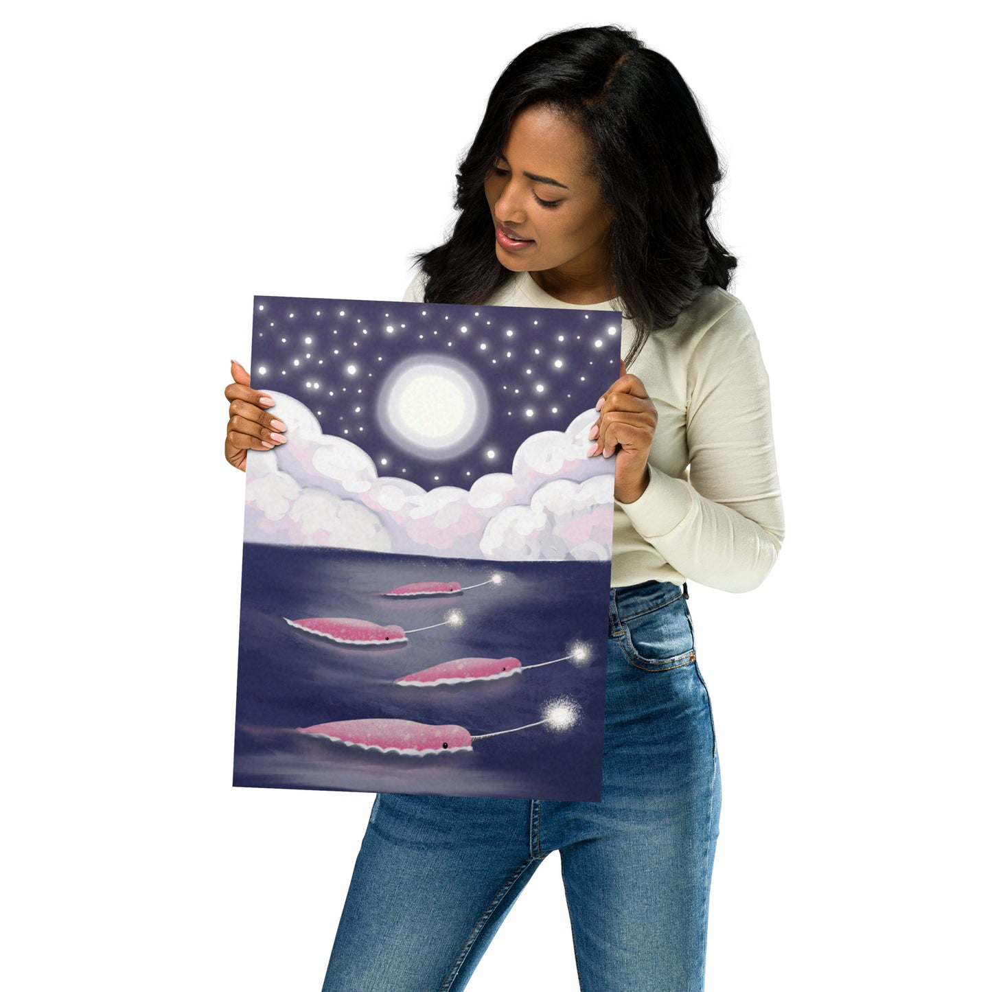 Narwhals Under the Stars | Whimsical Ocean Wall Art Print