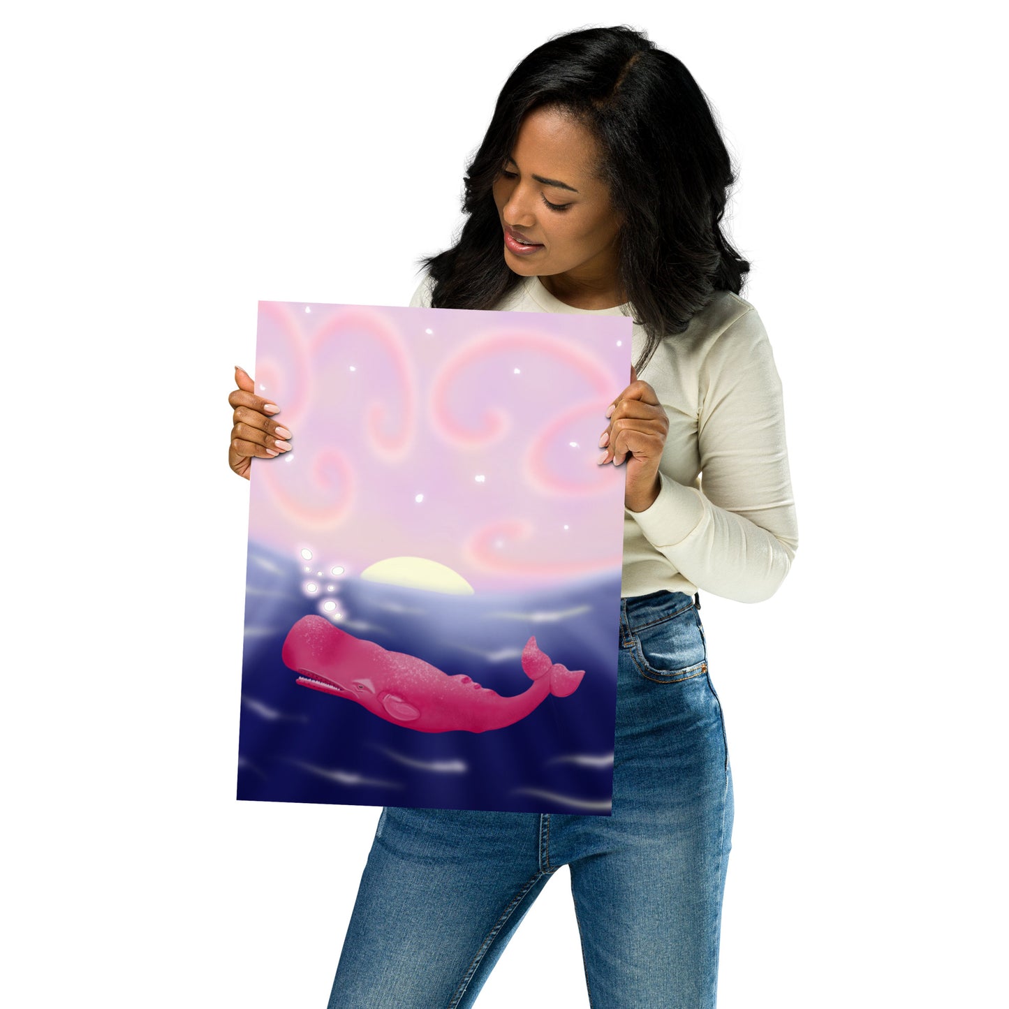 Pink Whale at Sunset Wall Art | Hand-Painted Ocean Print – Framed or Unframed