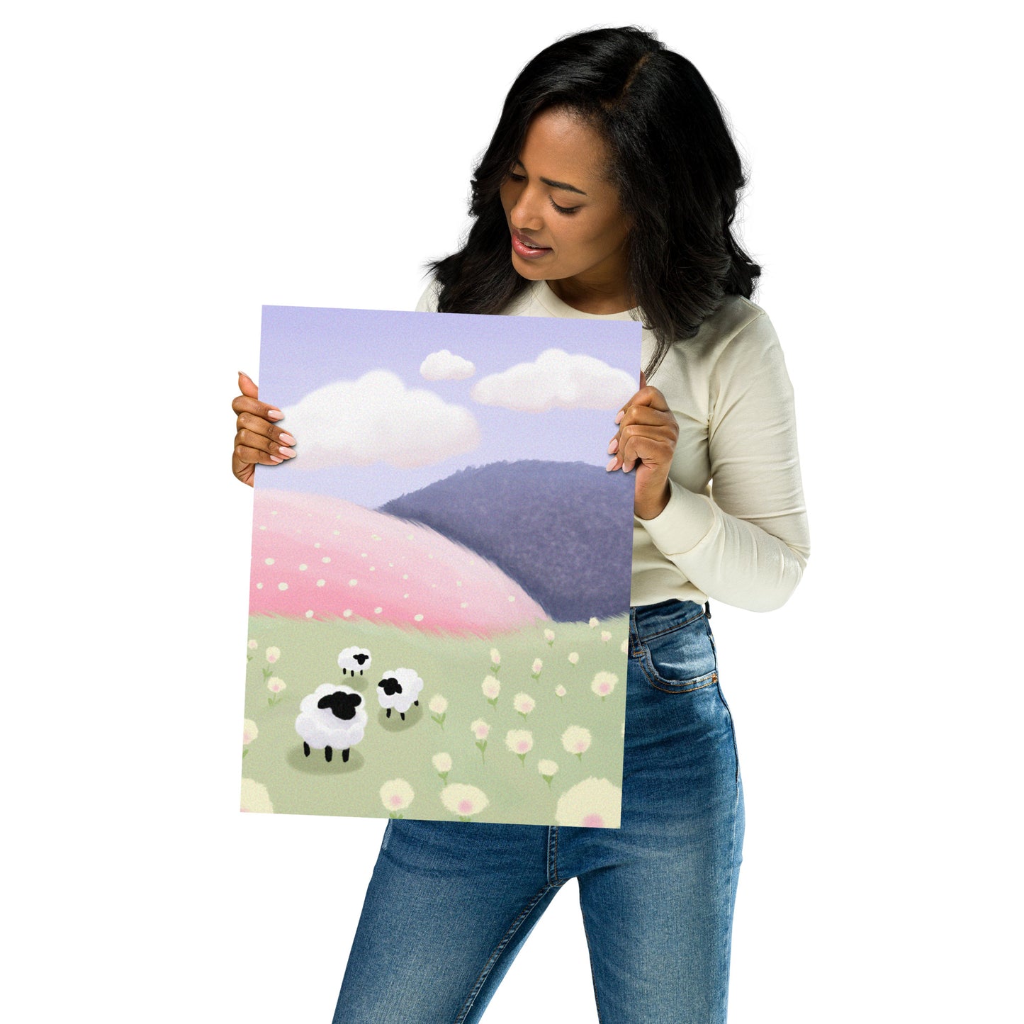 Pastel Sheep Meadow Wall Art – Whimsical Nursery Print | Framed or Unframed