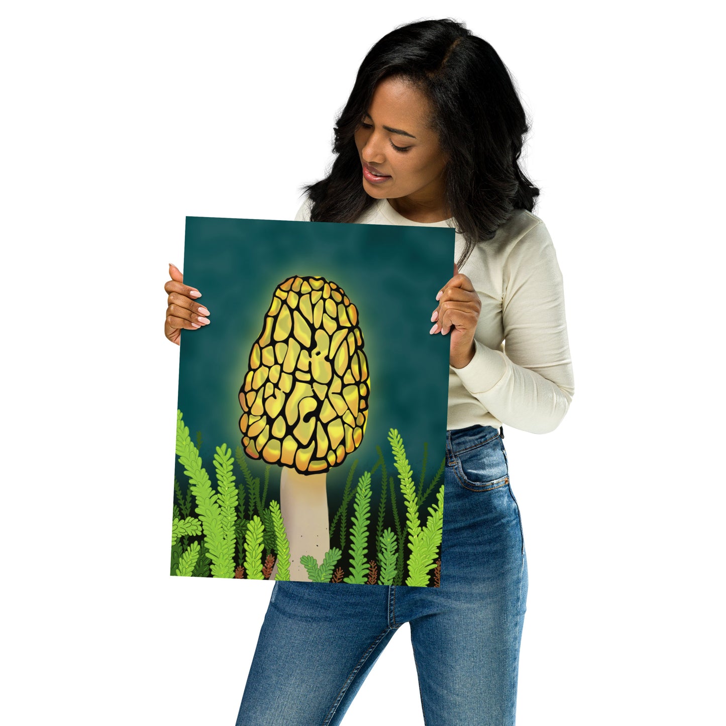 Glowing Morel Mushroom Art Print: Hand-Painted Forest Fungi Illustration