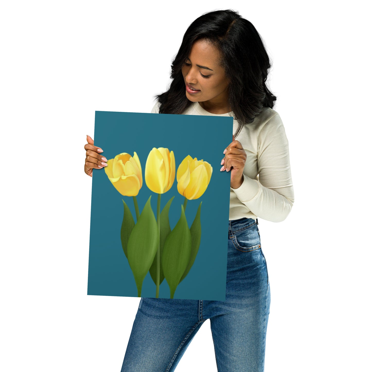 Yellow Tulip Floral Wall Art Print | Hand-Painted Botanical Decor on Teal