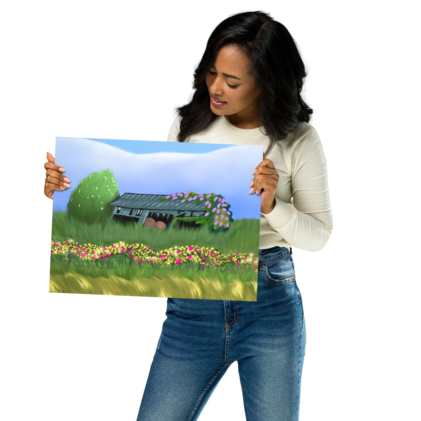 Countryside Barn & Lilac Florals Wall Art Print | Rustic Landscape Poster