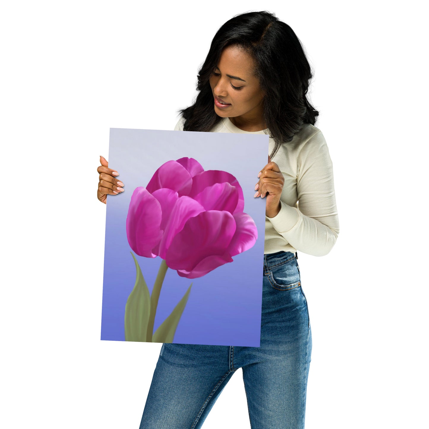 Fuchsia Tulip Wall Art | Hand-Painted Botanical Print on Blue