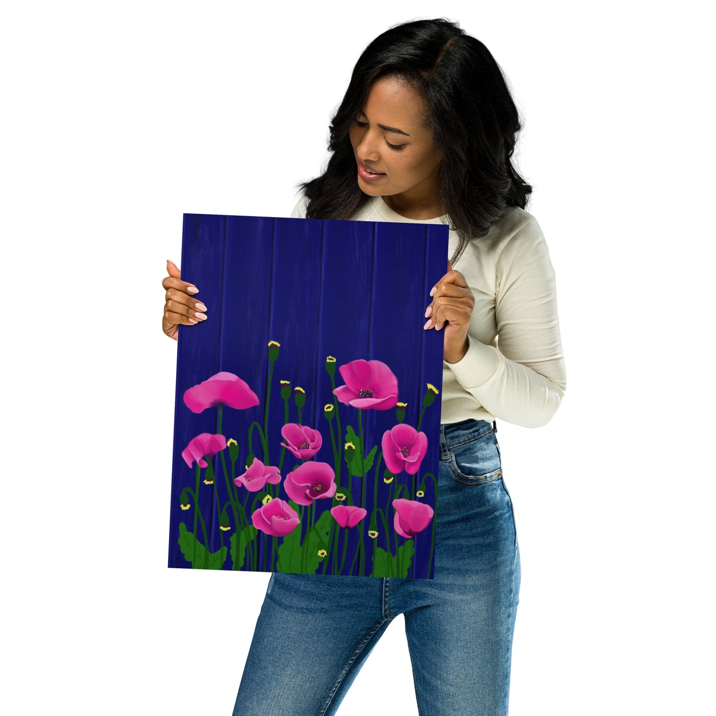 Pink Poppy Garden Wall Art | Framed Prints & Posters | Blue Fence Floral Decor